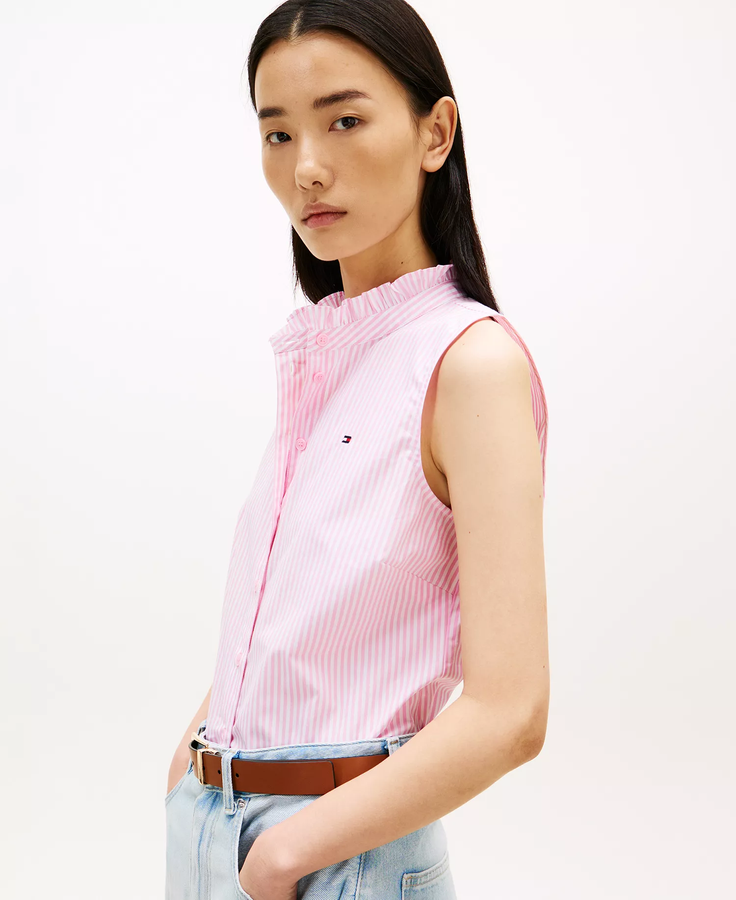 Women's Classic Frill Sleeveless Shirt - Classic Ithaca White Rose Petal - L