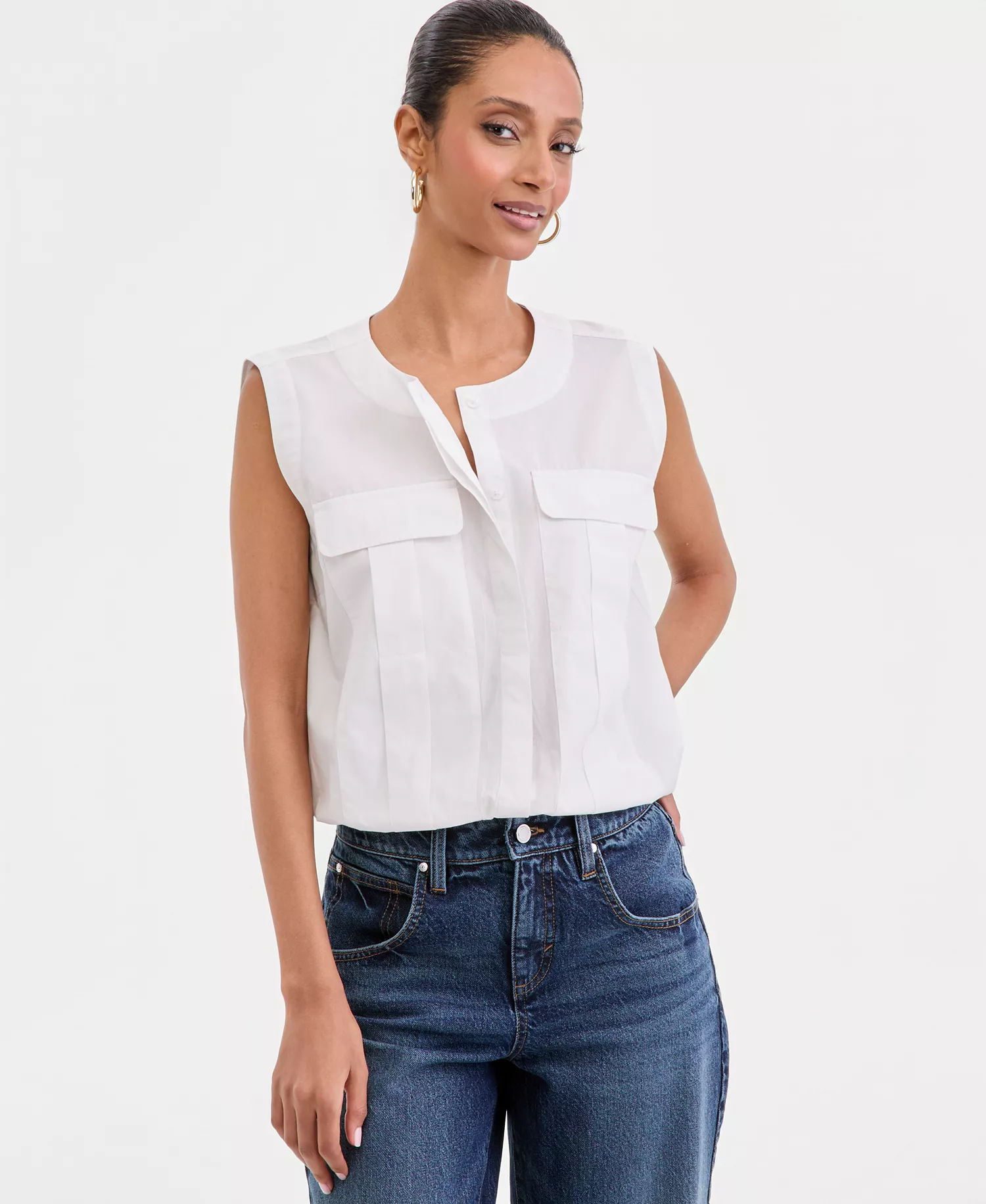 Women's Sleeveless Utility Blouse, Macy's Exclusive - Bright White - L