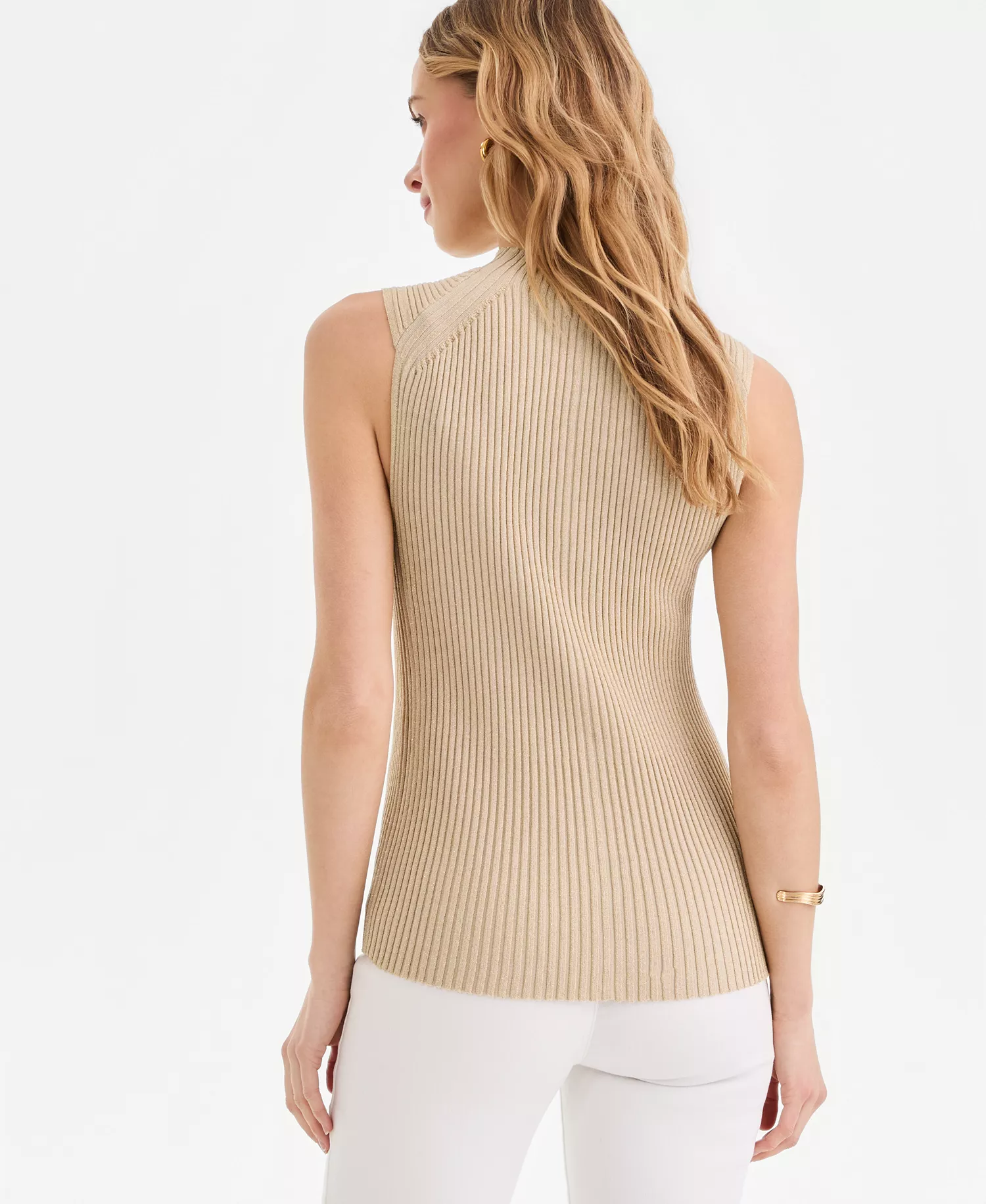 Women's Metallic Rib-Knit Sleeveless Sweater, Macy's Exclusive - Grain/Gold - L