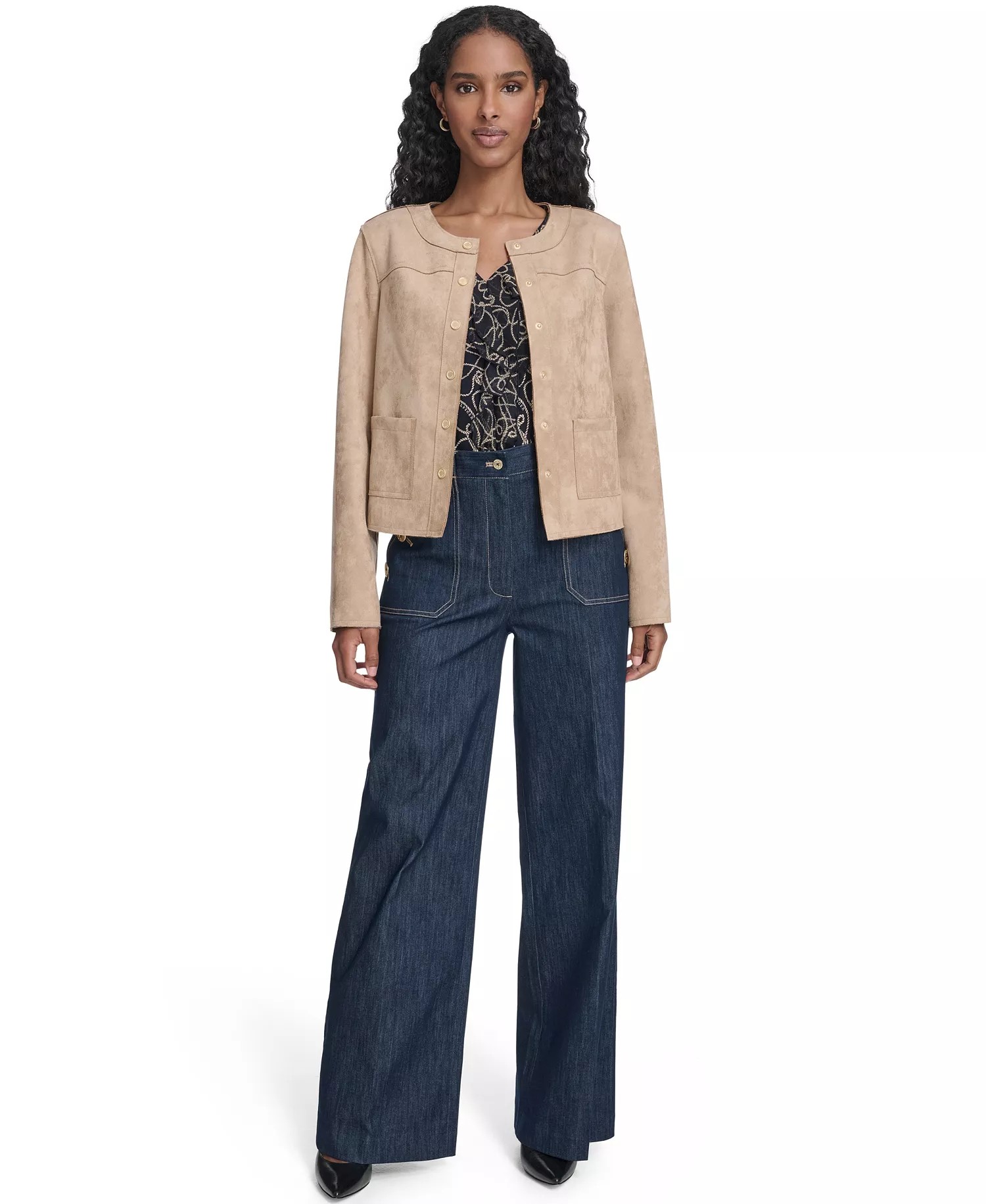 Women's Collarless Snap Front Jacket - Tannin - 0