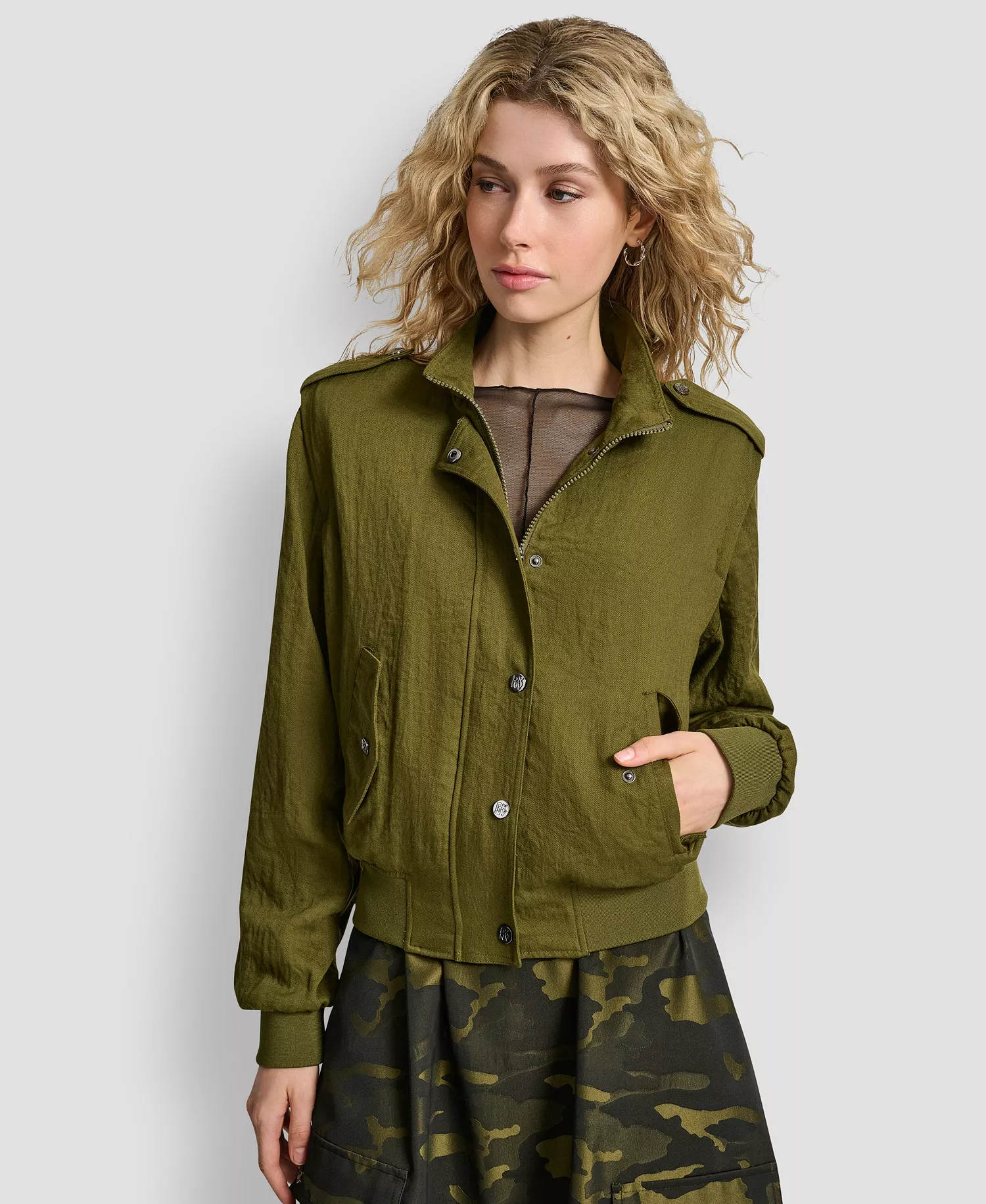 Women's Collared Button-Front Heavy Twill Bomber Jacket - Dark Olive - XS