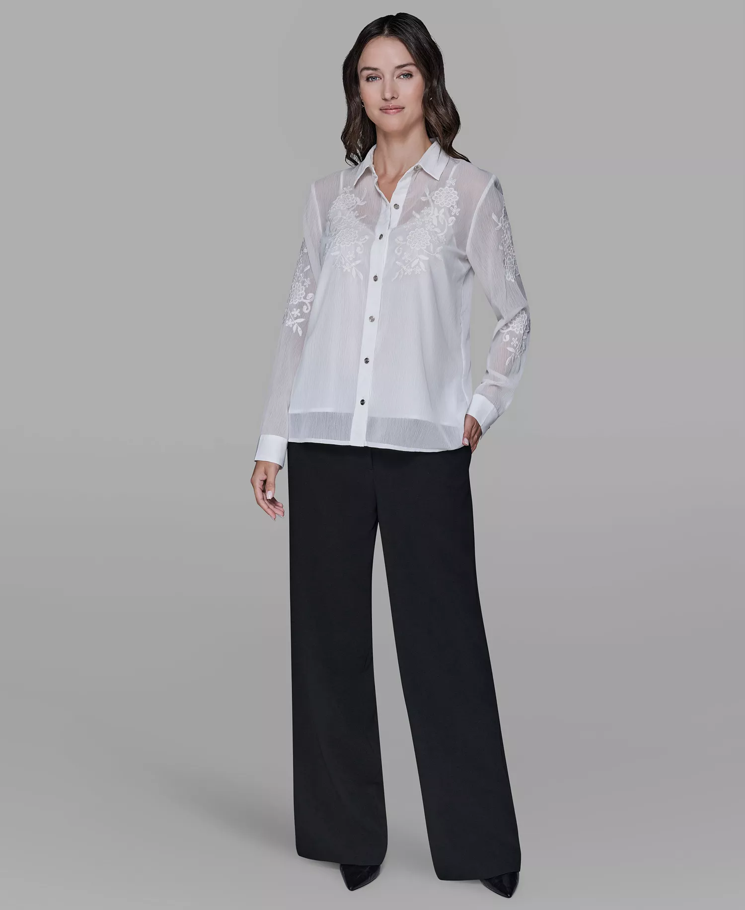 Petite Flower Button Down Shirt - Soft White - P/L