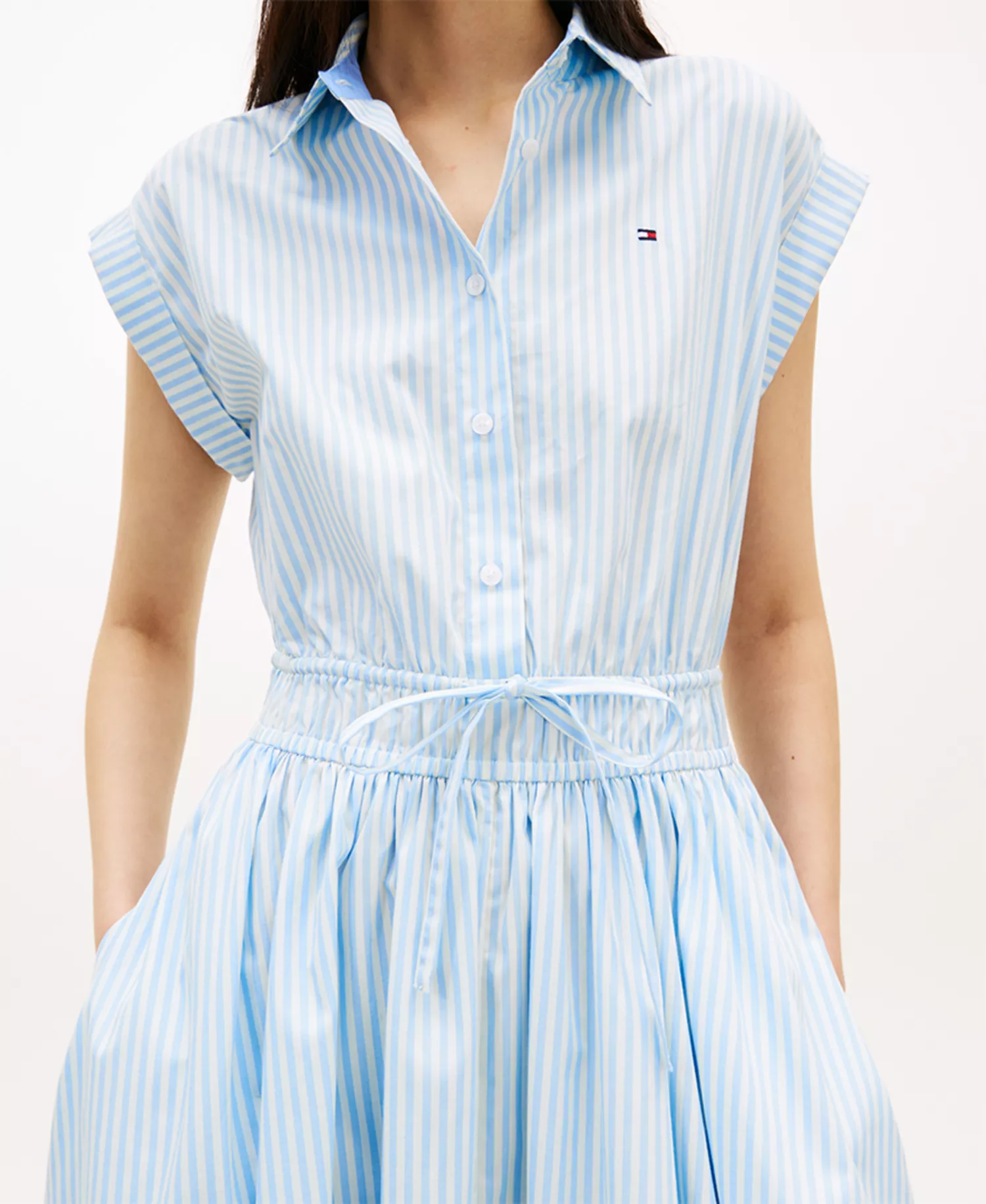 Women's Smocked Waist Sleeveless Shirt Dress - Banker Stripe Vessel Blue/White - L