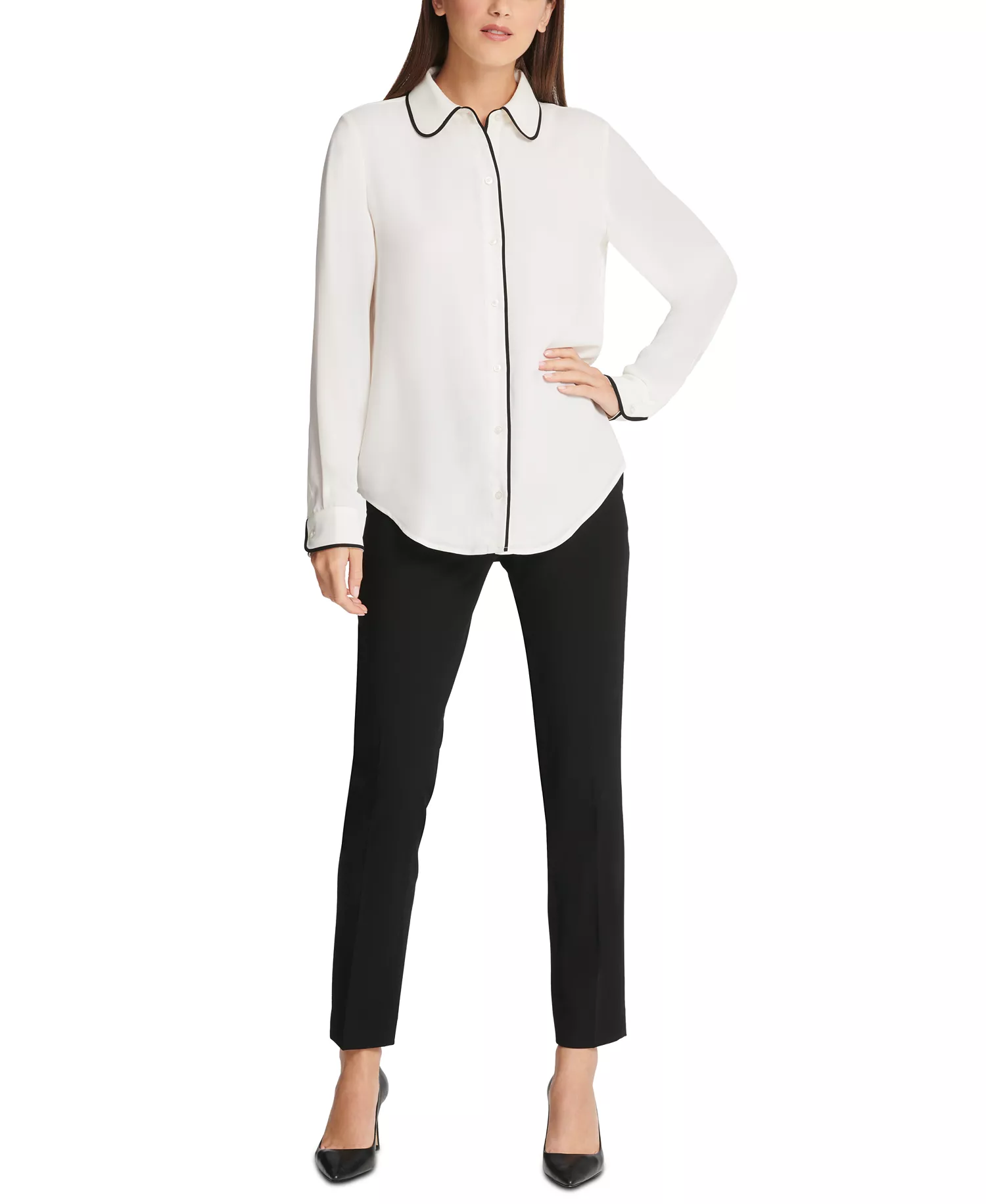 Petite Piped-Trim Button-Up Blouse, Created for Macy's - Linen White/Black - PL