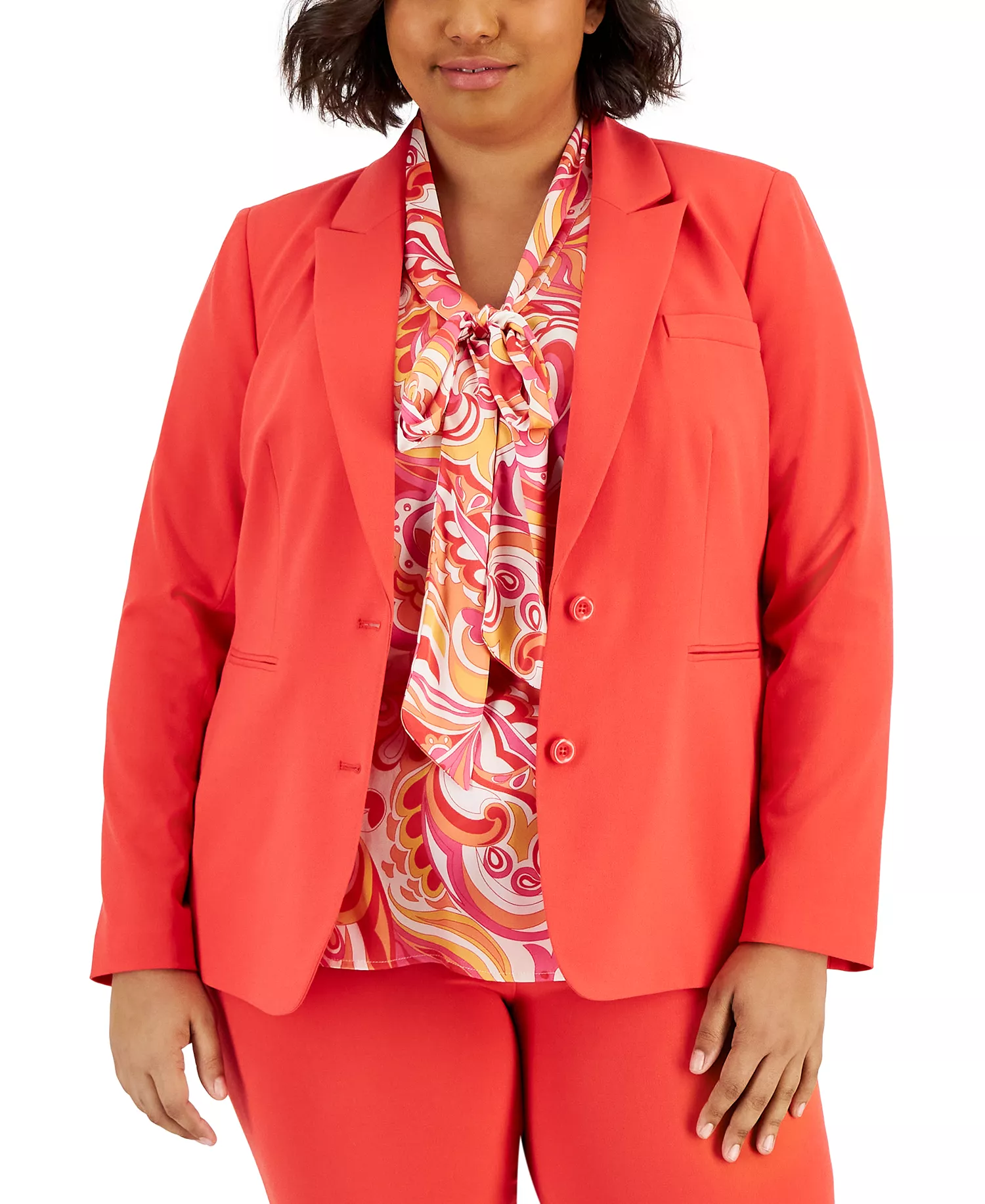 Plus Size Two-Button Jacket, Swirl-Print Bow Blouse & Pants - Grenadine - 14W
