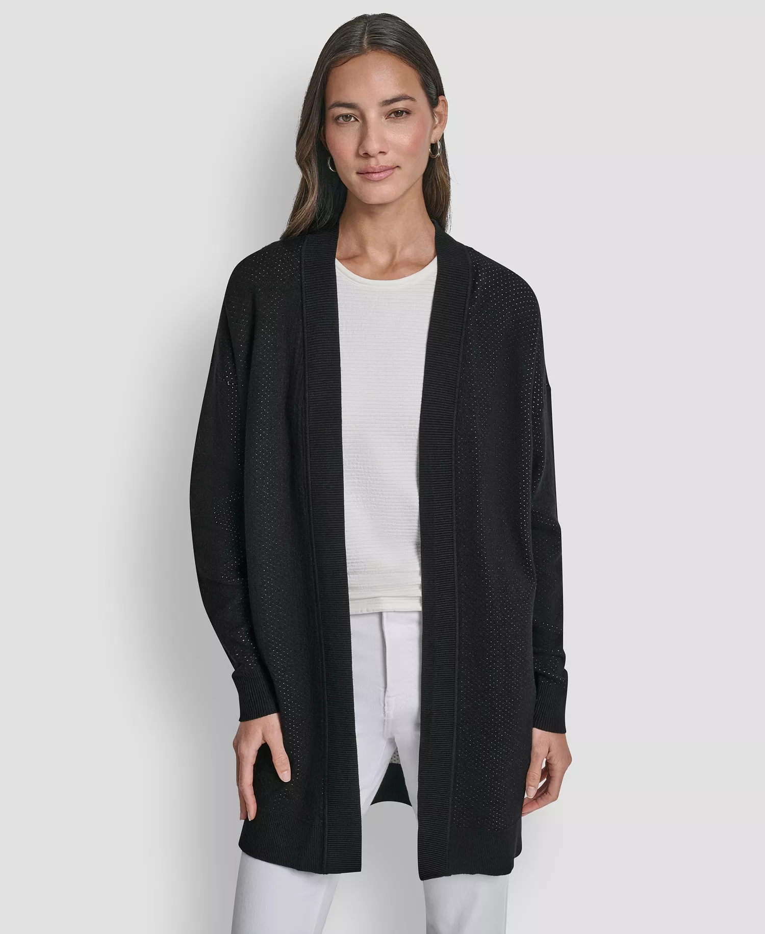 Women's Long Sleeve Open Front Cardigan - Black/Ivory - L