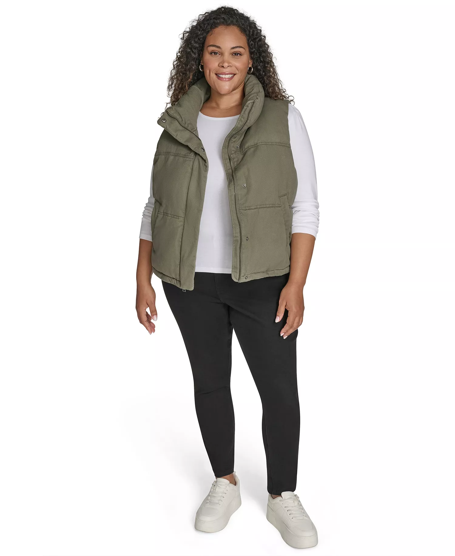 Plus Size Sleeveless Short Puffer Vest - Light Olive - 1X