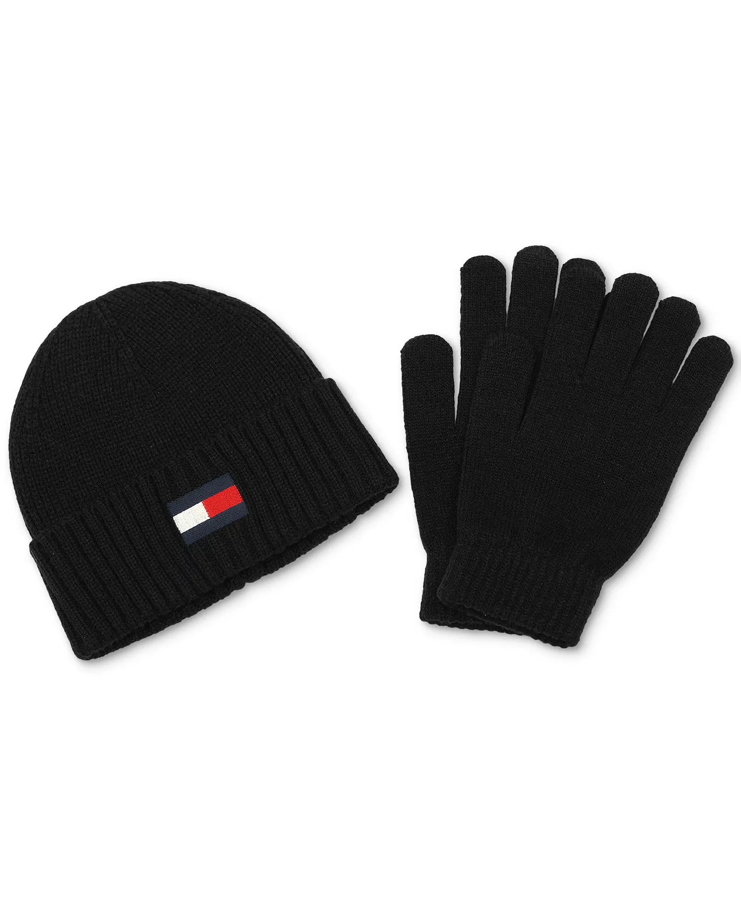 Men's Embroidered Logo Beanie & Gloves Set  - Black - OS
