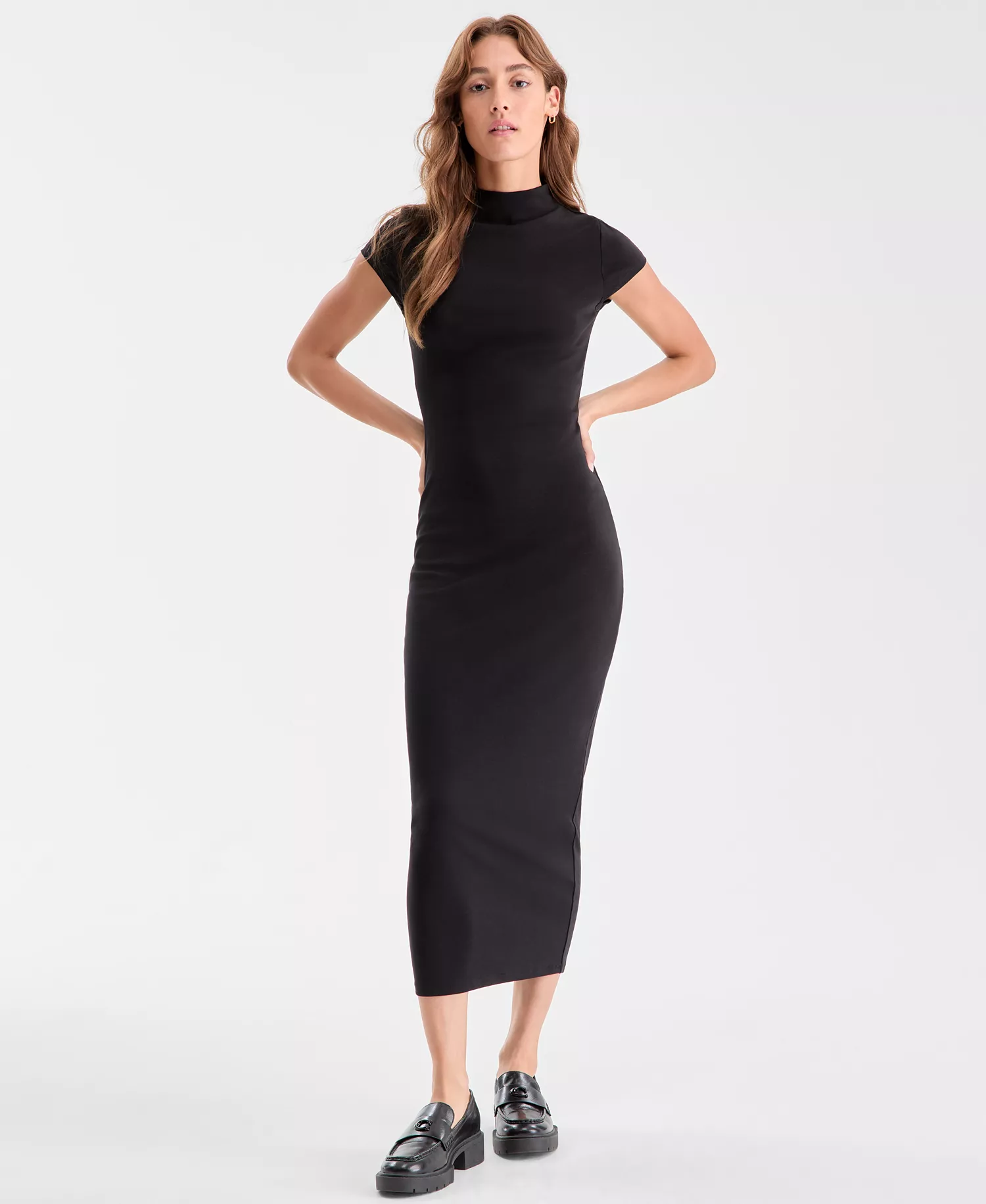 Women's Cap-Sleeve Mock-Neck Midi Dress, Exclusively at Macy's - Deep Black - S
