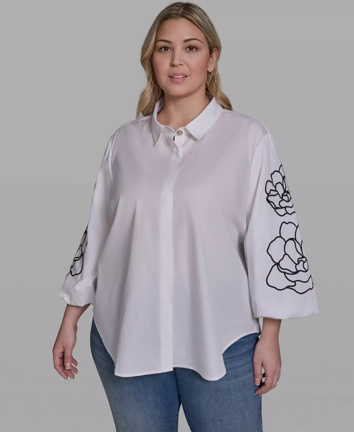 Plus Size Floral Detail Collared Top - White - 0X