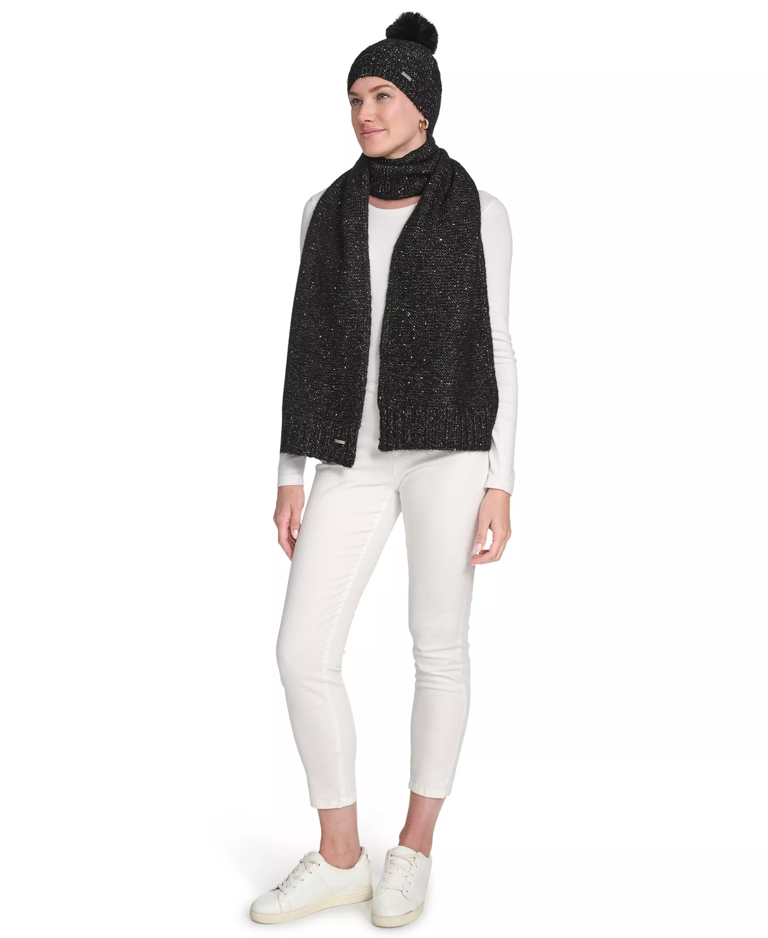 2-Piece Mini Sequin Hat and Scarf Set - Black - OS