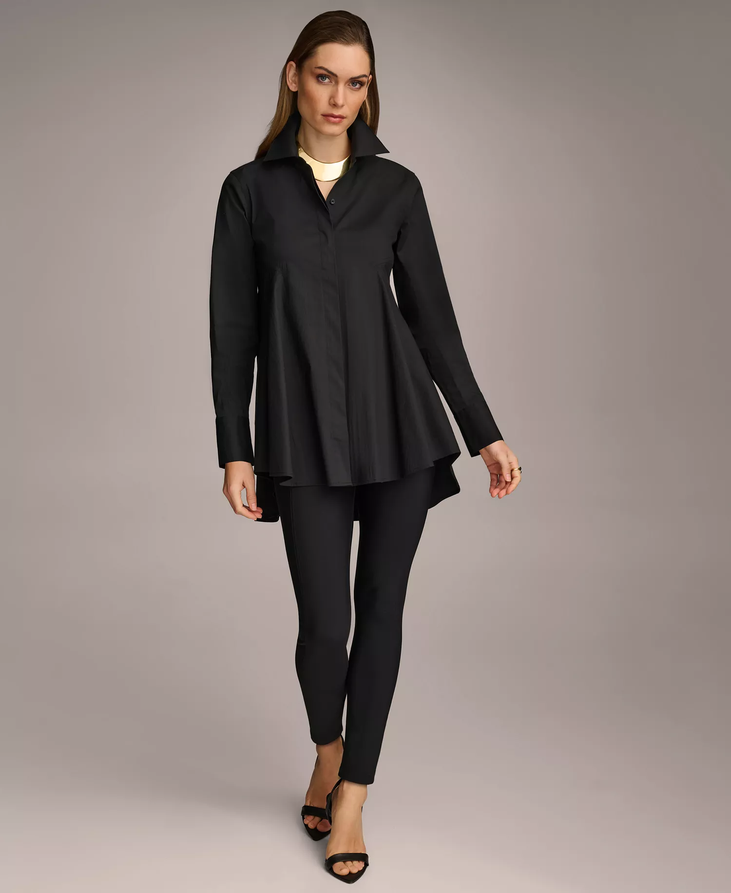 Women's A-Line Button Down Poplin Tunic - Black - L