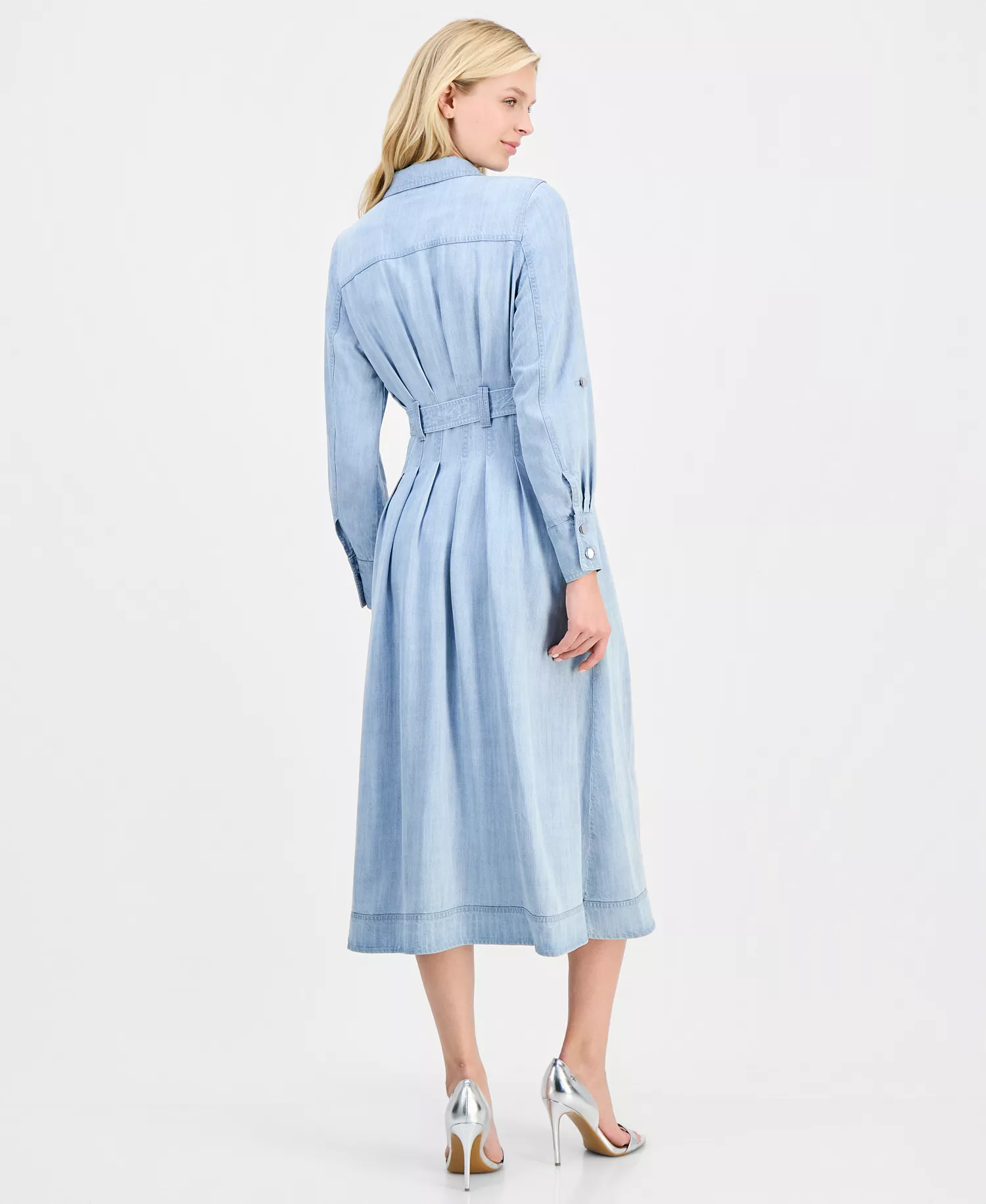 Women's Roll-Sleeve Denim Midi Shirtdress - Light Wash - 10