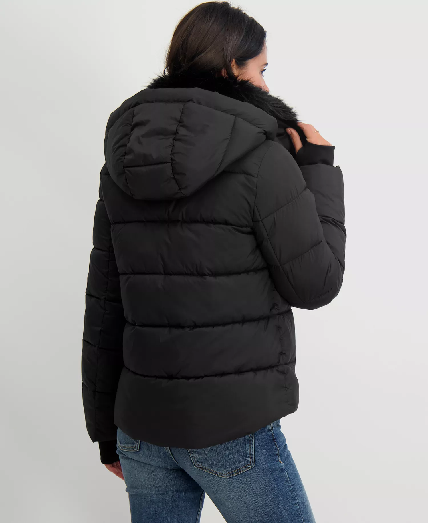 Women's Faux-Fur-Collar Hooded Puffer Coat - Black - S
