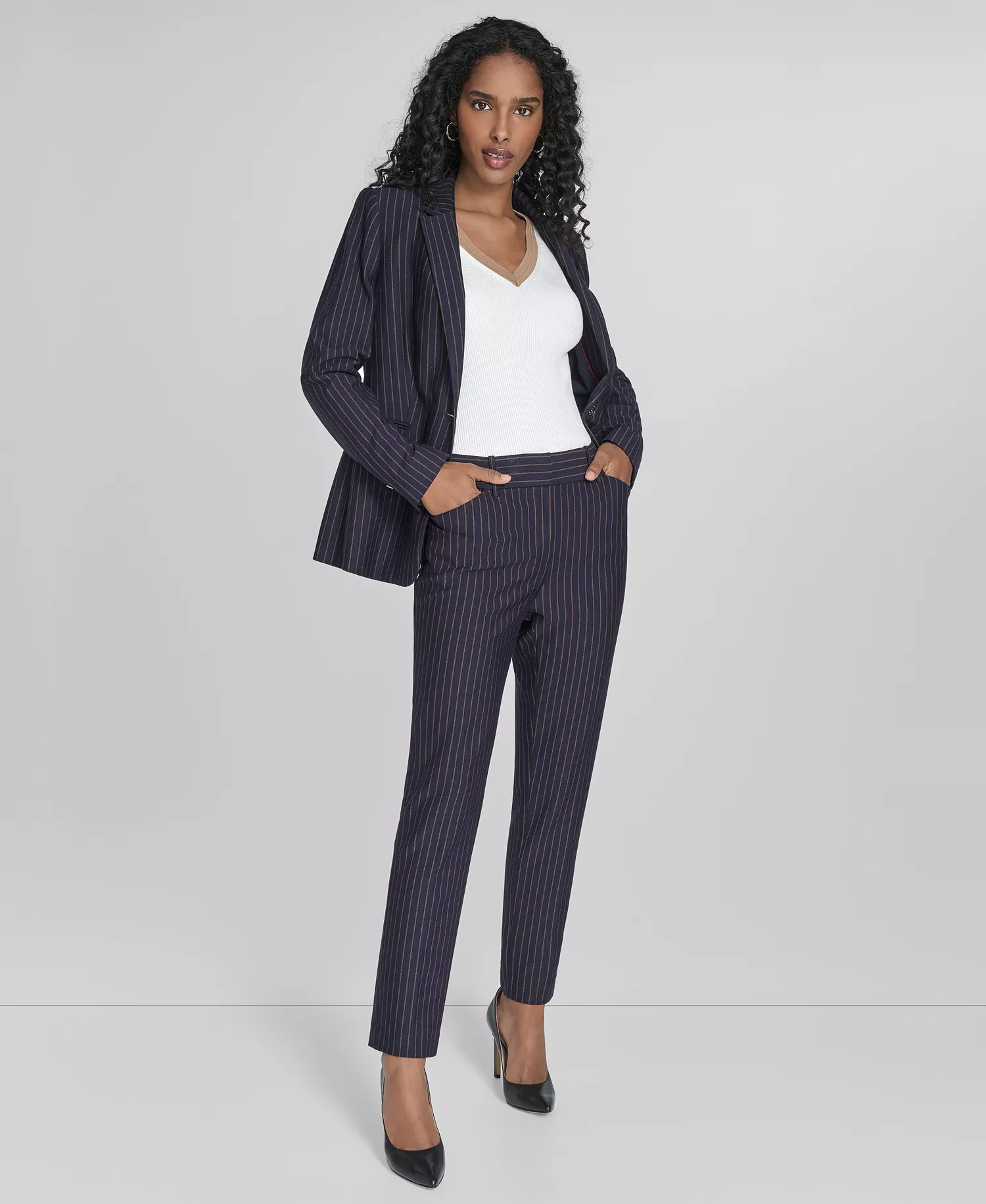 Women's Pinstriped Blazer & Pants  - Mdngt/taba - 0