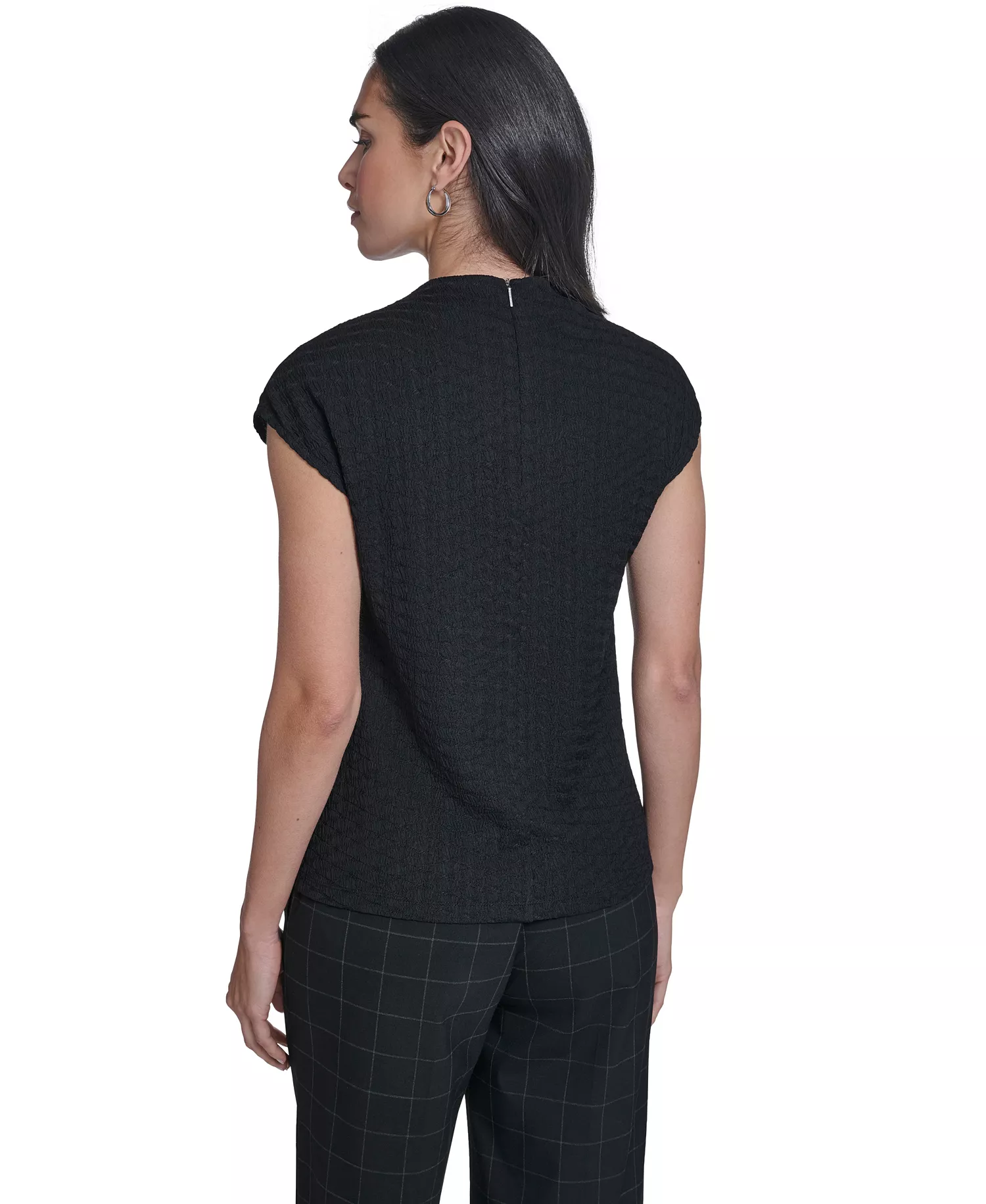 Women's Textured Mock Neck Cap Sleeve Top - Black - L