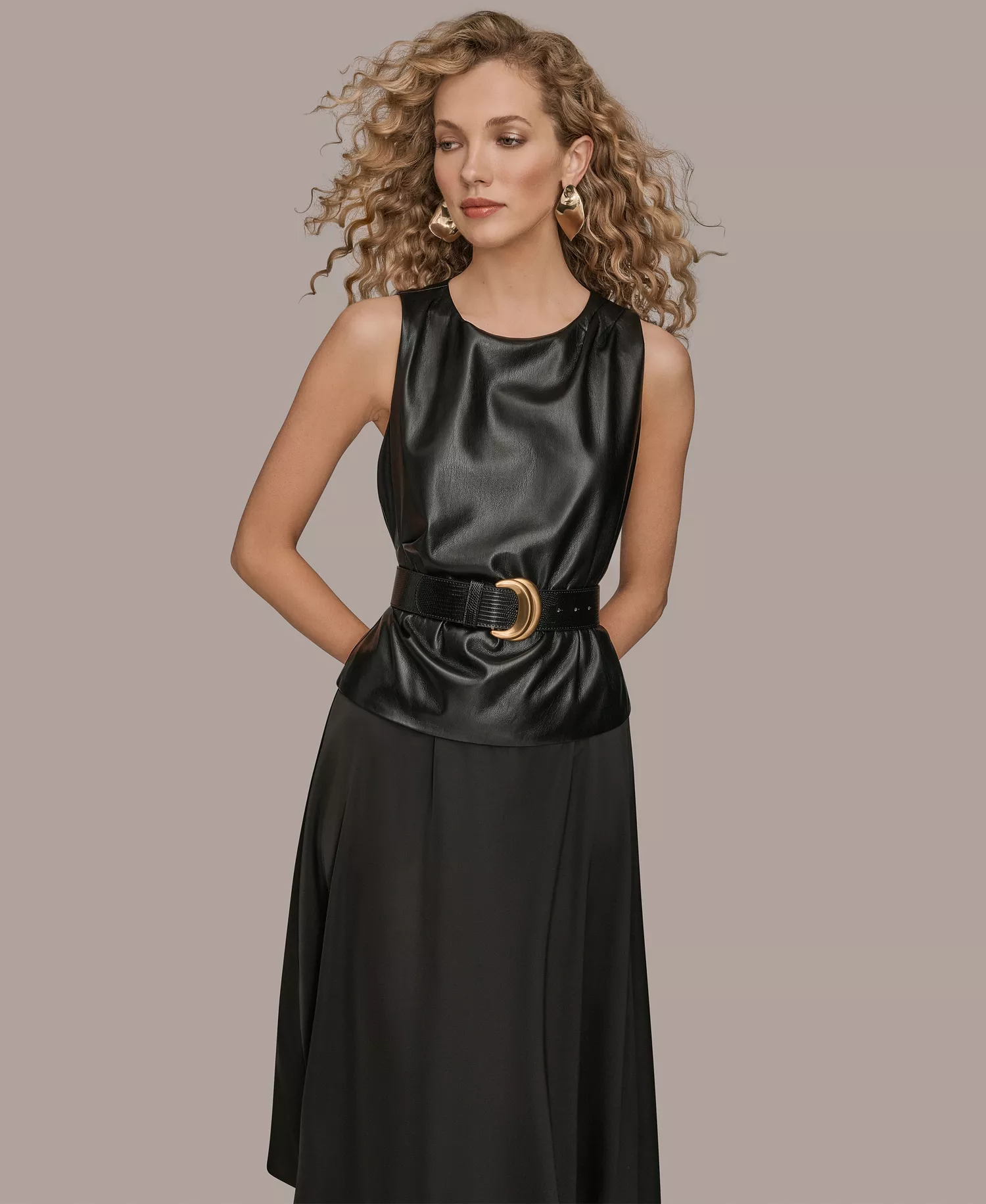 Women's Sleeveless Mixed Media Belted Midi Dress - Black - 10