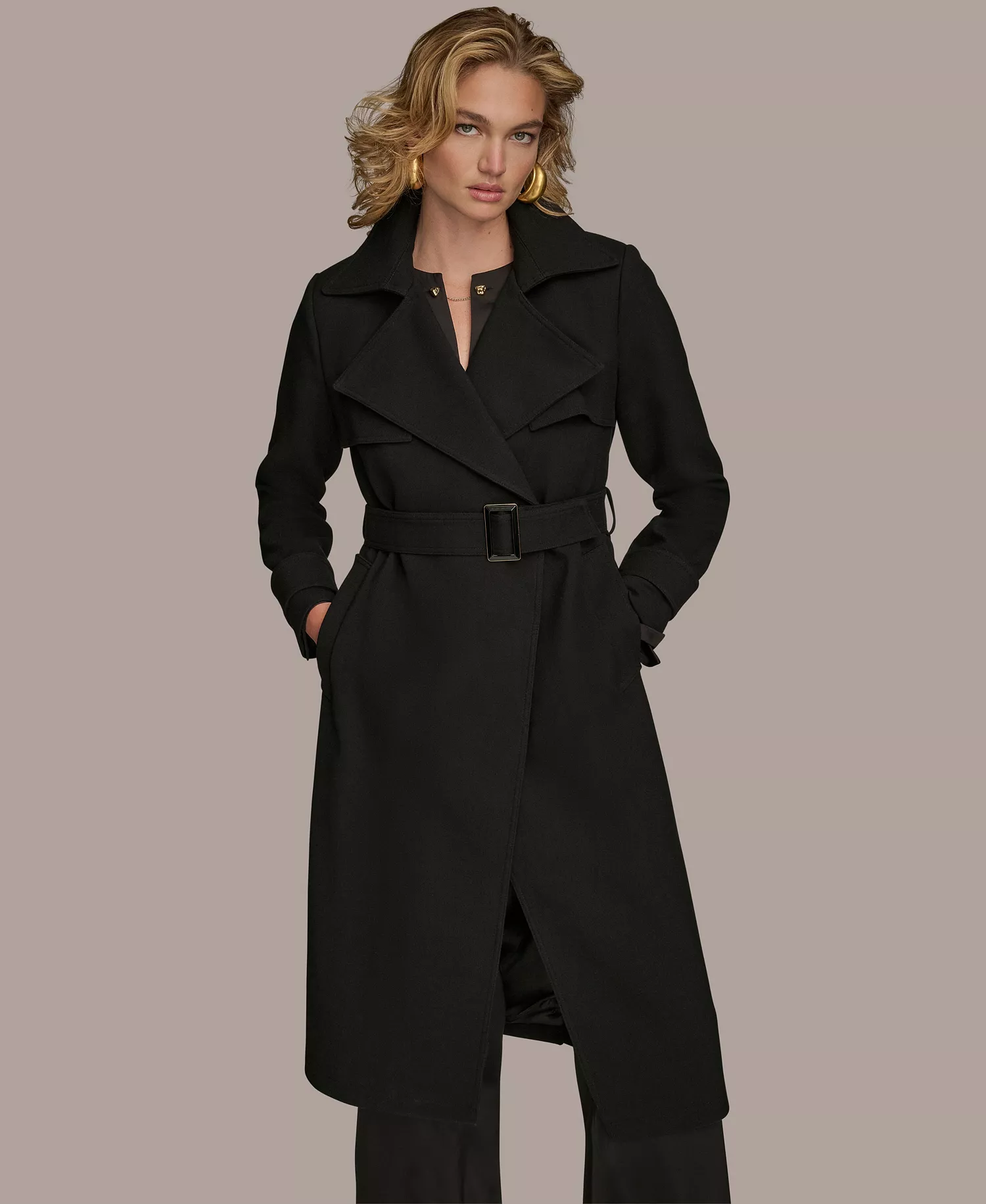 Women's Belted Notched-Collar Trench Coat - Black - L