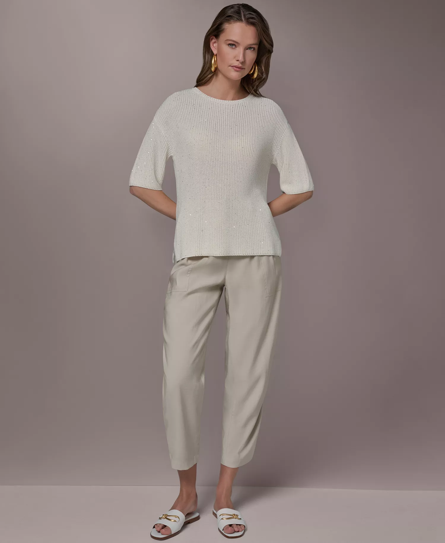 Women's Short-Sleeve Oversized Sweater - Cream - L