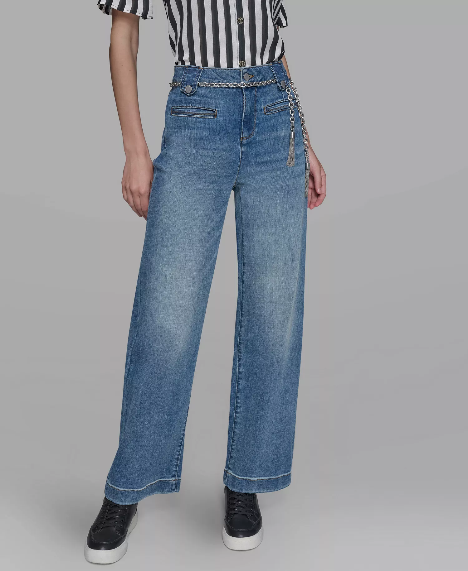 Petite Chain Belt High Rise Wide Leg Jeans - Sapphire Blue - 12P