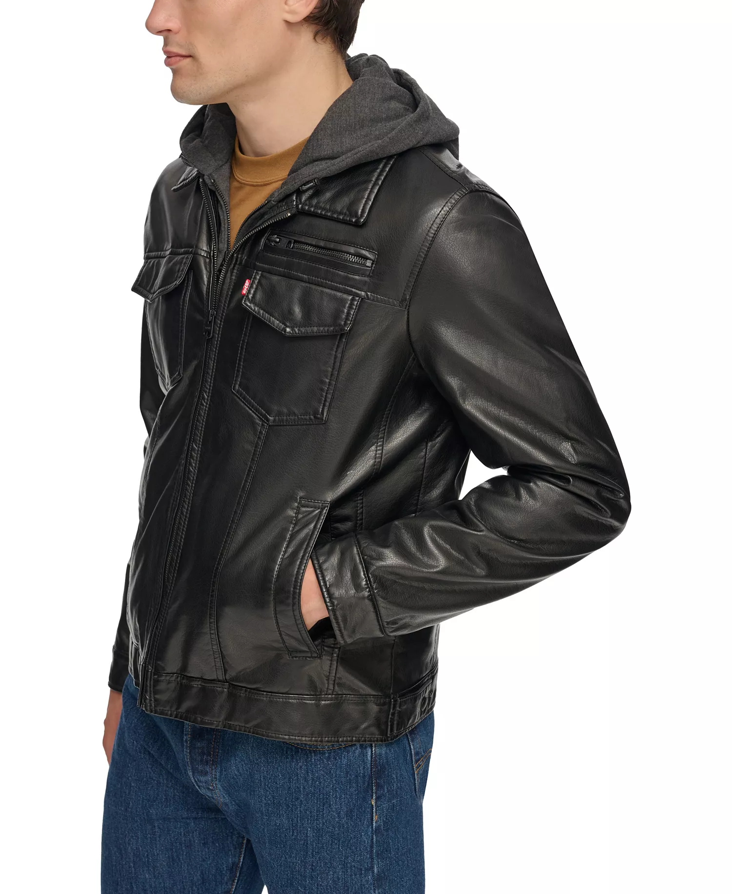 Men's Fleece Hood Faux Leather Jacket - Black - 2XL