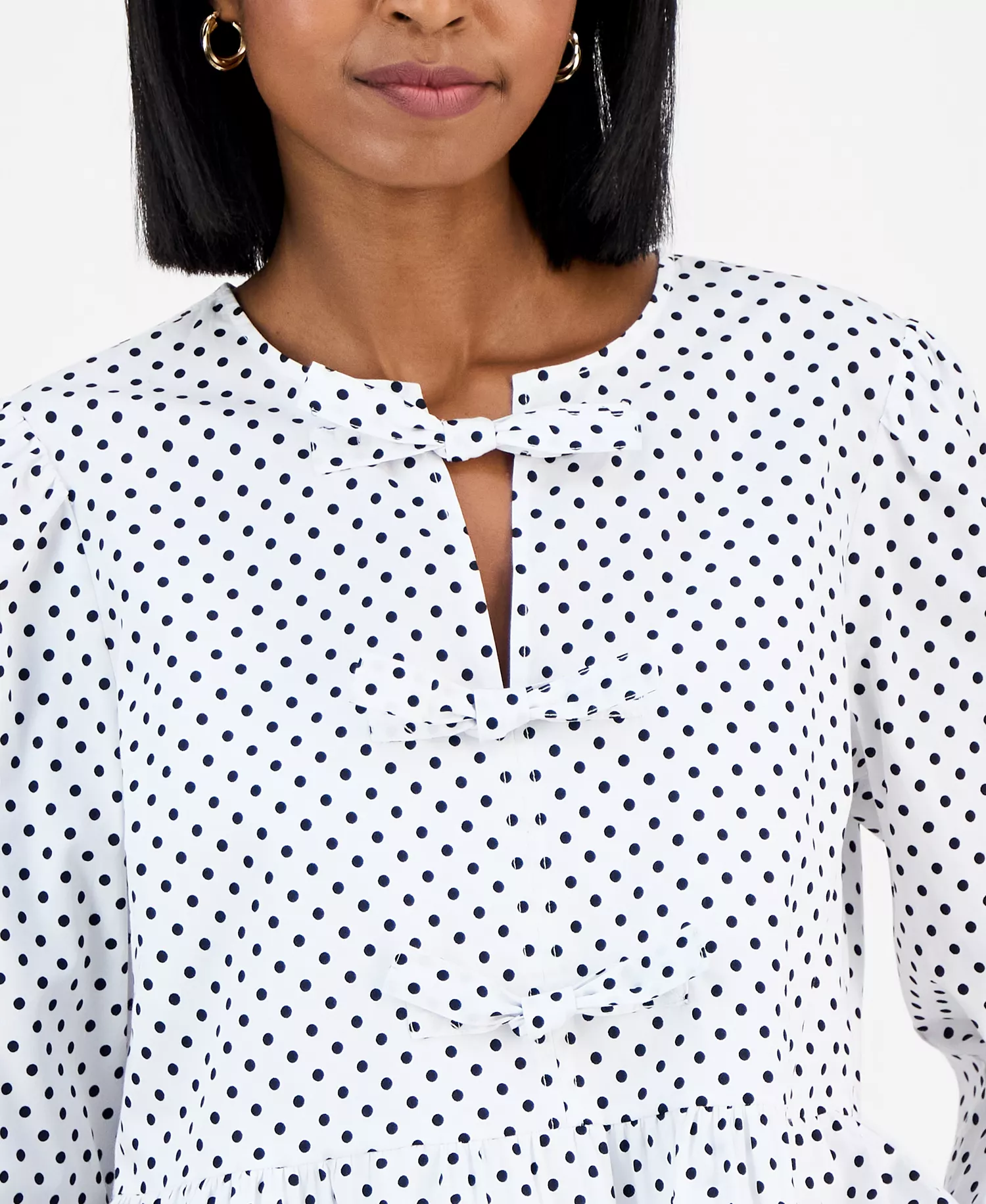 Nautica Women's Dot-Print Bow-Trim Cotton Peplum Blouse  - Bright White/ Night Sky - L