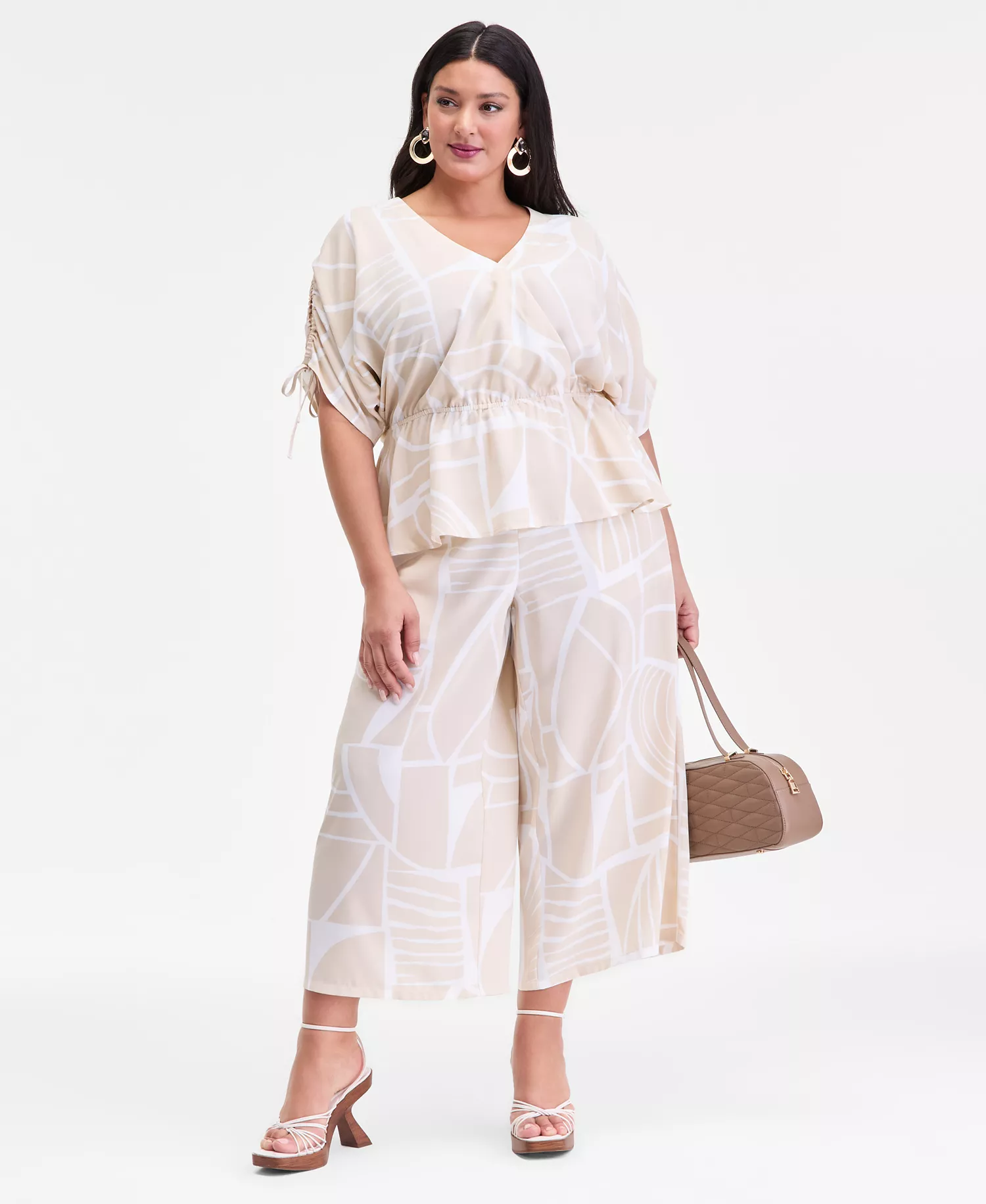 Plus Size Printed Split-Sleeve Peplum Top, Macy's Exclusive  - Fae Geo Neutral - 0X