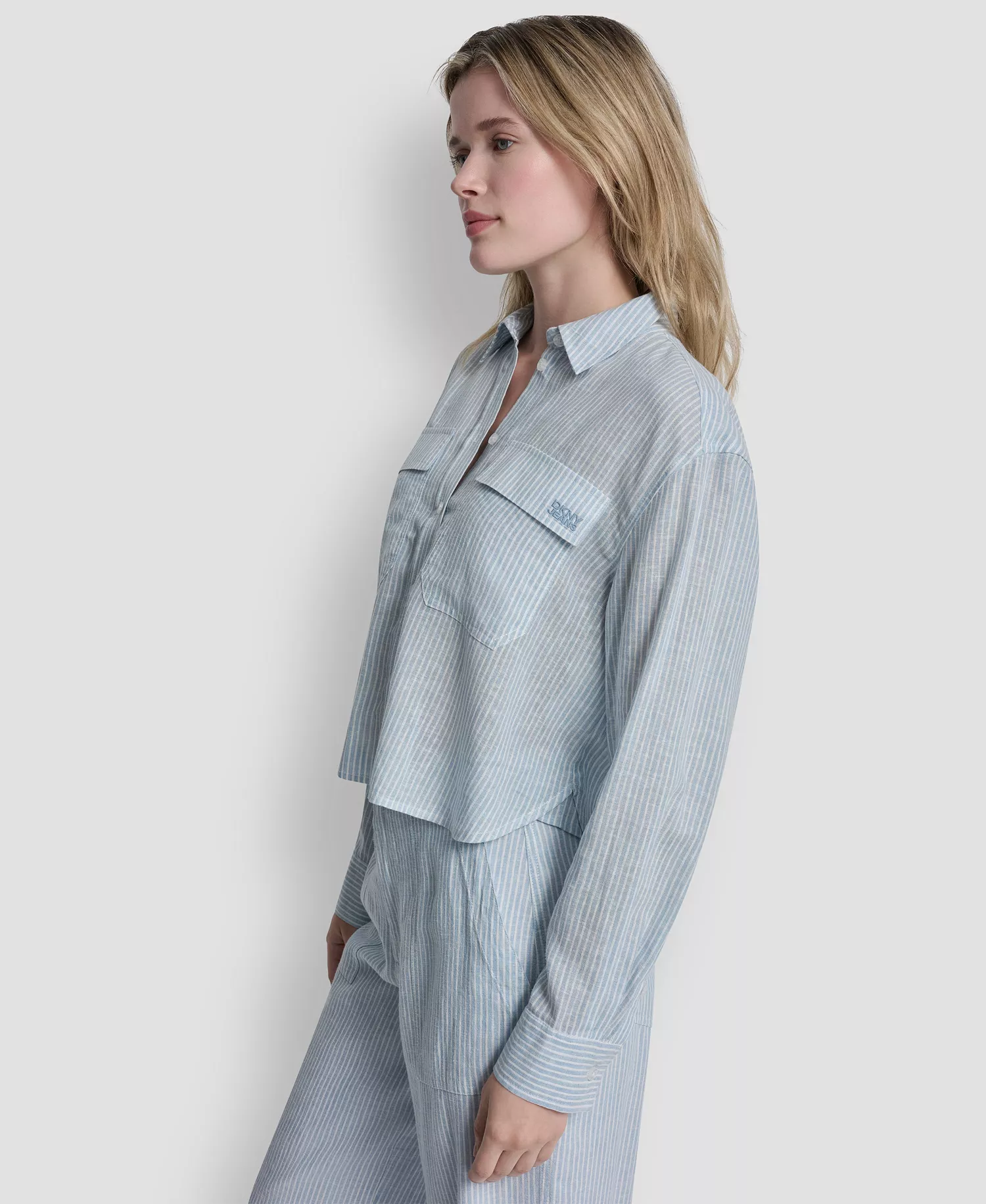 Women's Linen-Blend Cropped Long-Sleeve Shirt - Lex Chambray - L