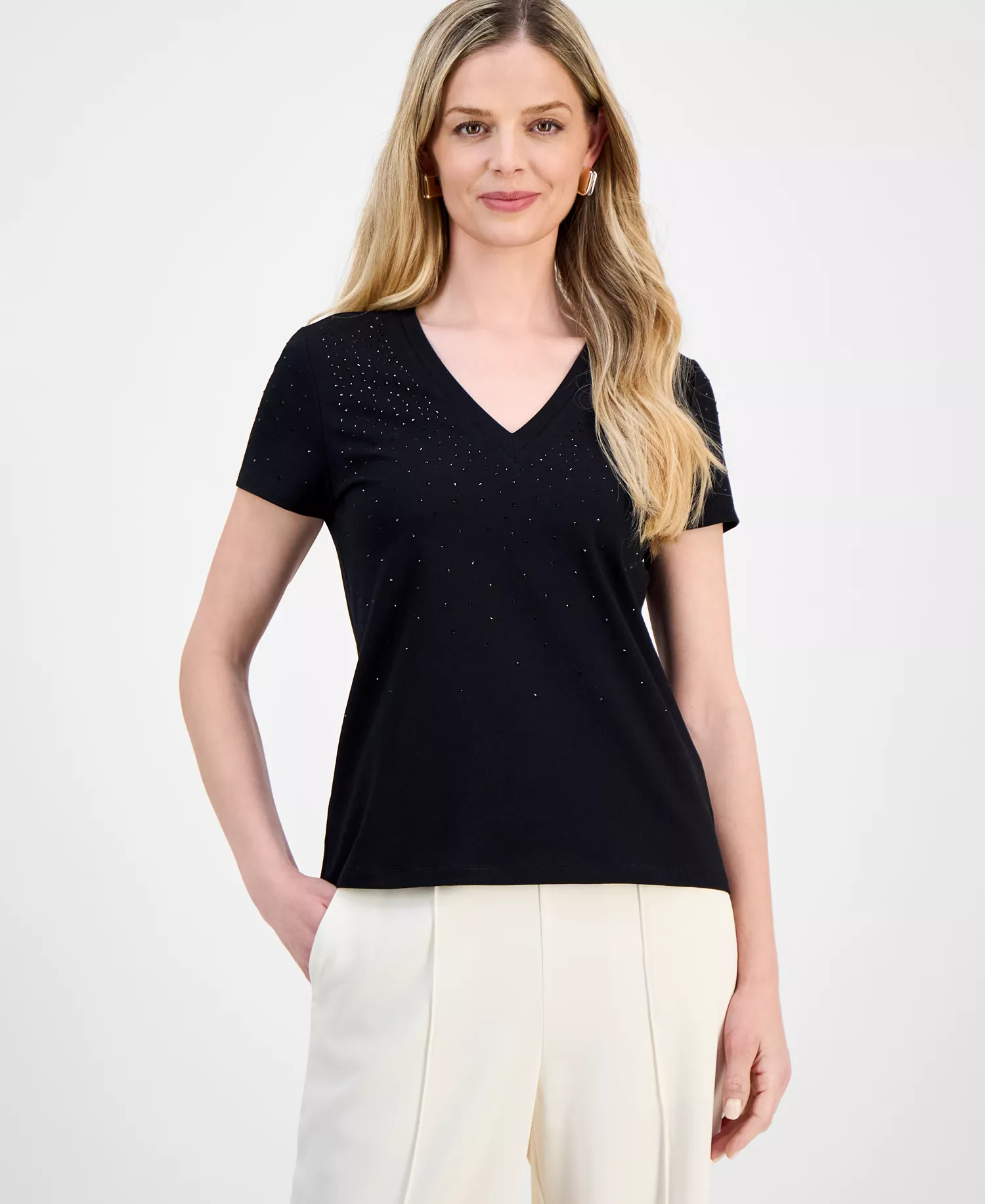 Petite Embellished V-Neck T-Shirt, Macy's Exclusive  - Deep Black - P/L
