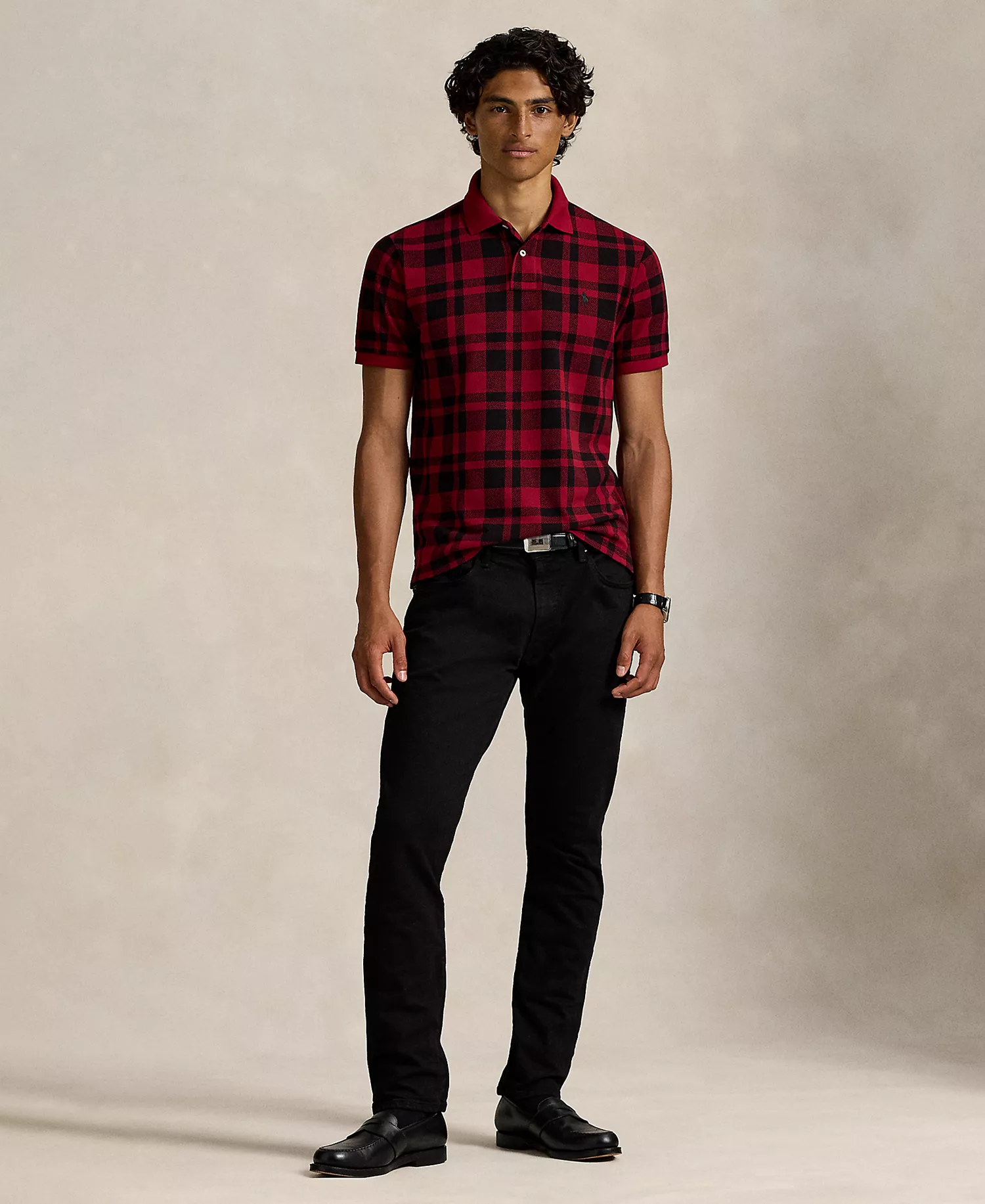 Men's Holiday Short Sleeve Polo Shirt - Edged Overcheck - Holiday Red - 2XL