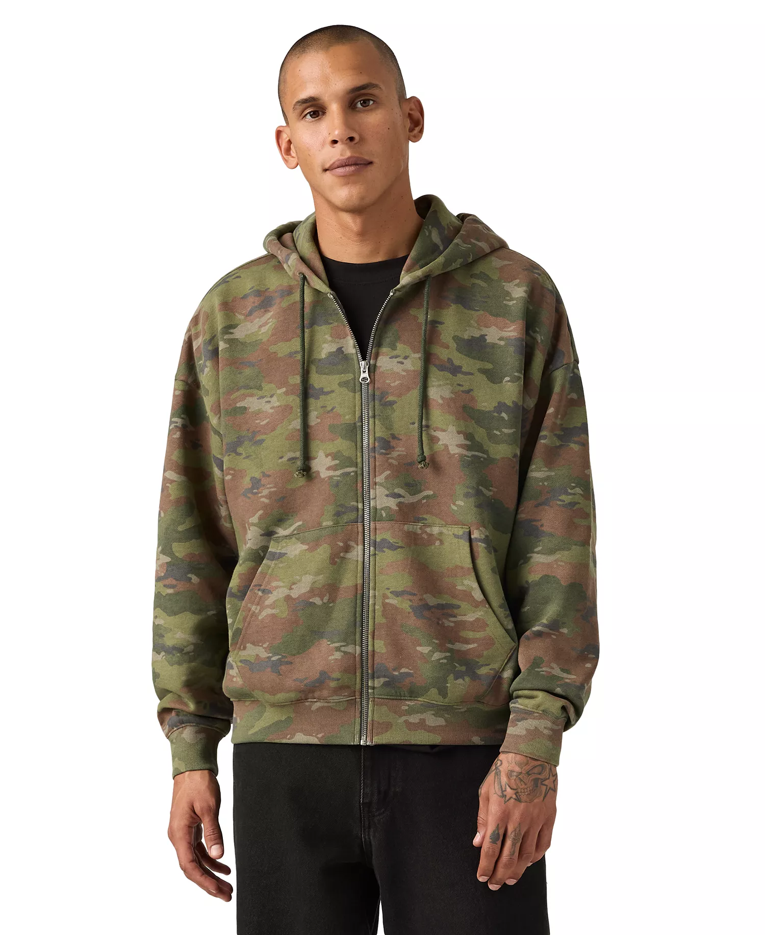 Men's Relaxed-Fit Cropped Full-Zip Hoodie - Camo - 2XL