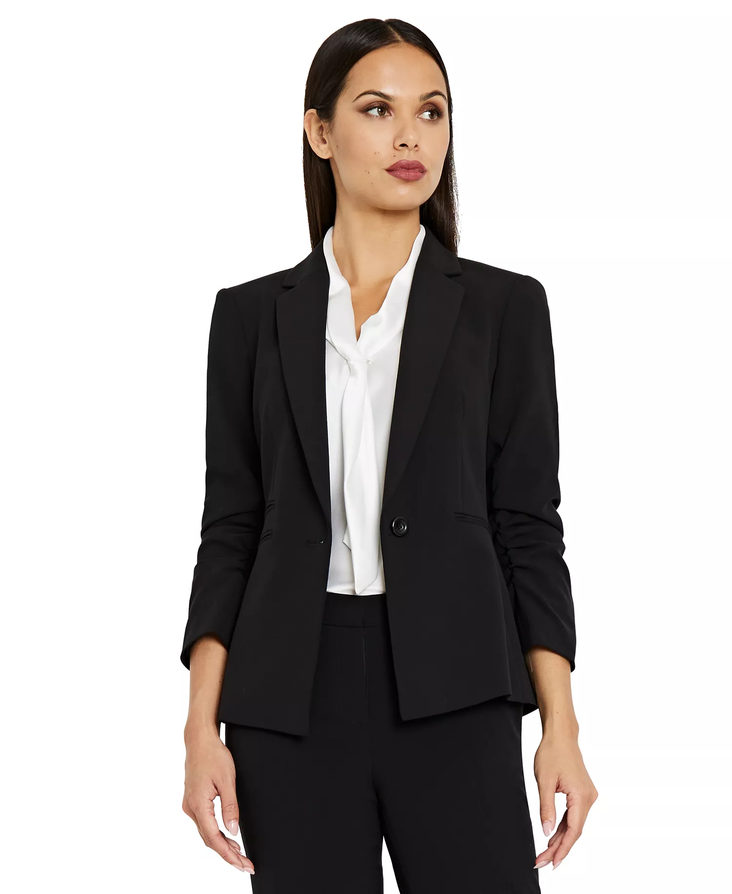 Tahari Women's Long-Sleeve Bow-Neck Blouse, Ruched Sleeve Blazer & Flare-Leg Pants - Black - 10