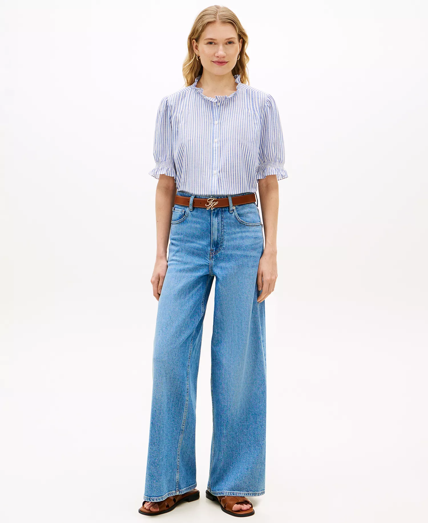 Women's Pin Tuck Cambric Short-Sleeve Blouse - Blue - L