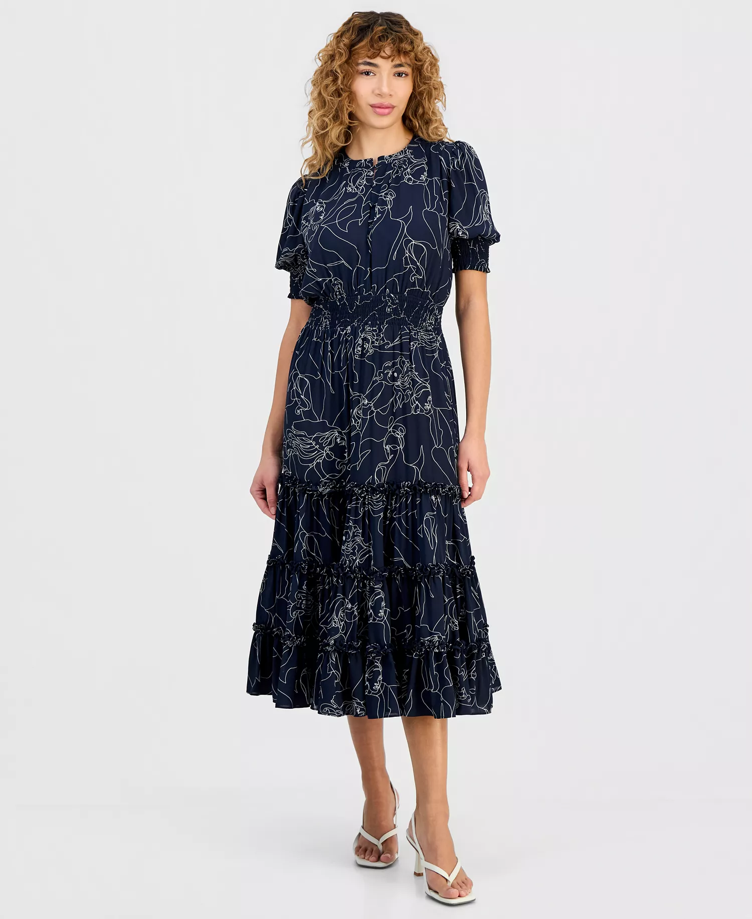 Women's Floral-Print Smocked-Waist Elbow-Sleeve Dress - Lifeform - L