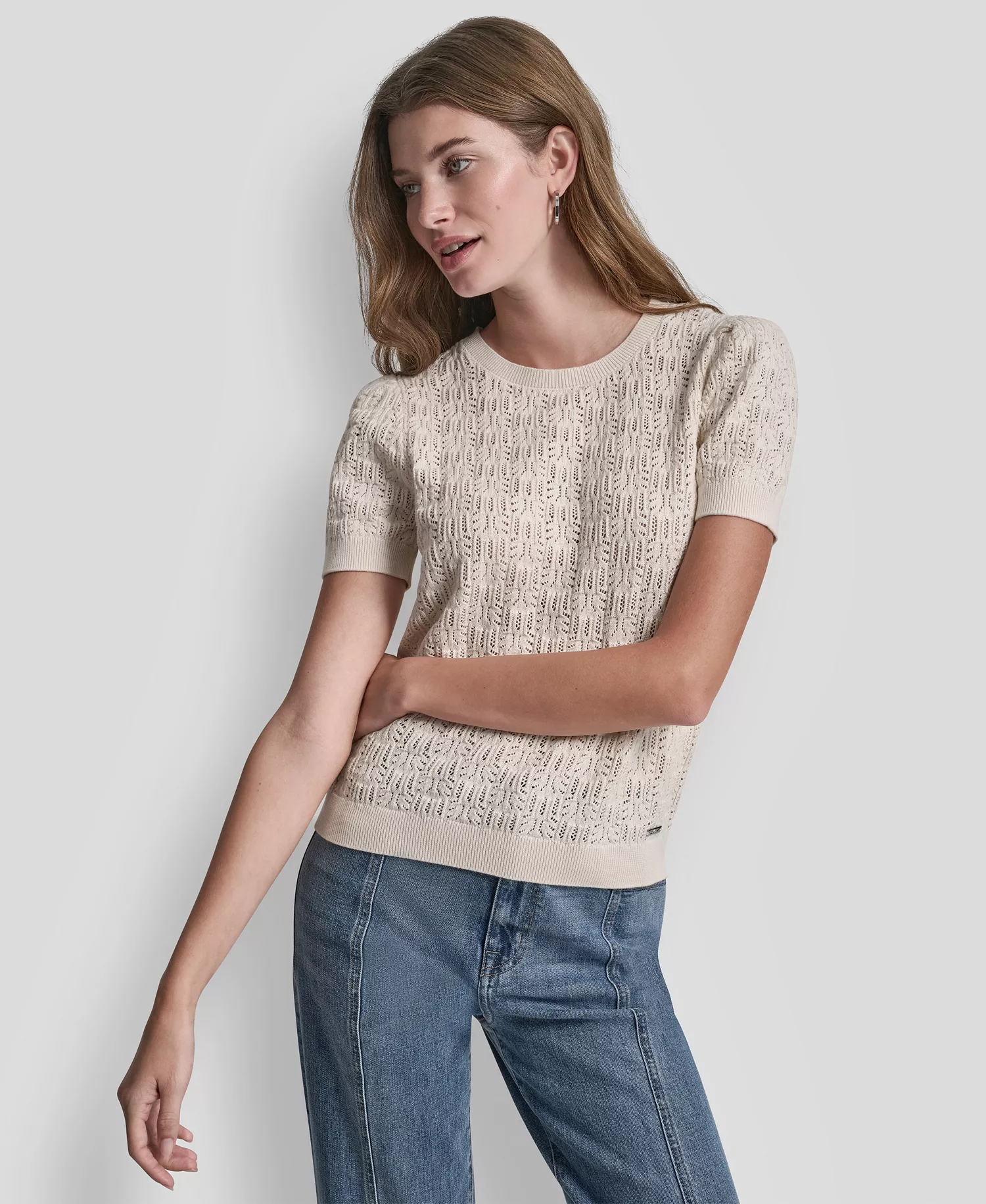 Women's Short Sleeve Crew Neck Lace Pointelle Sweater - Eggnog - L