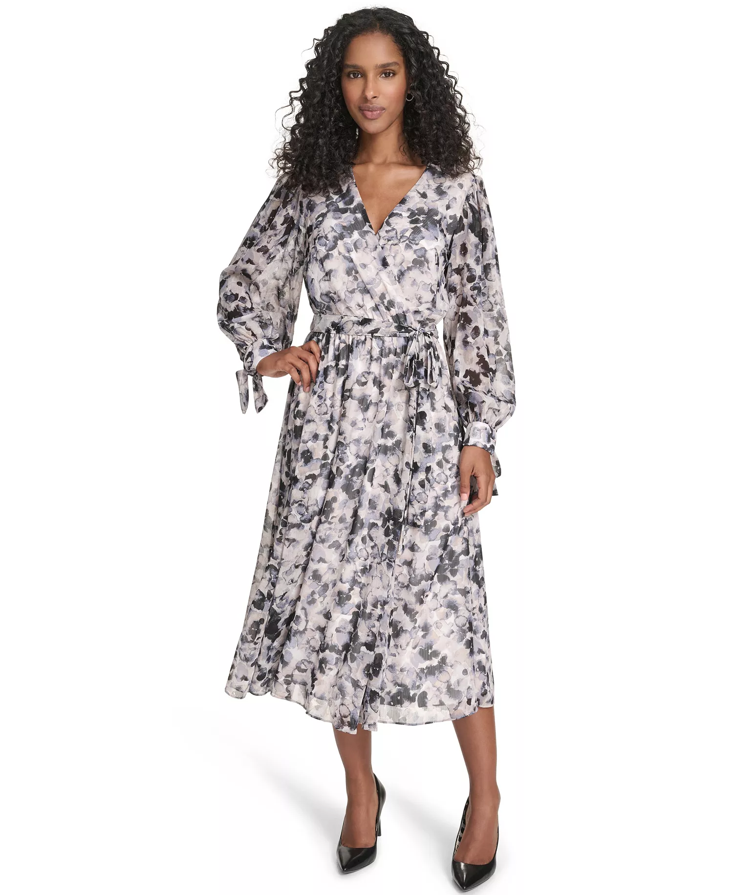 Women's Printed Tie Sleeve V-Neck Dress - Slate Multi - 10