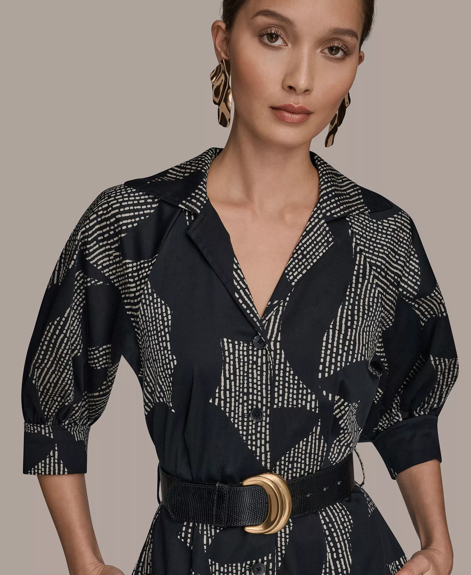 Women's Spread Collar Midi Shirt Dress - Black/Sand - 10