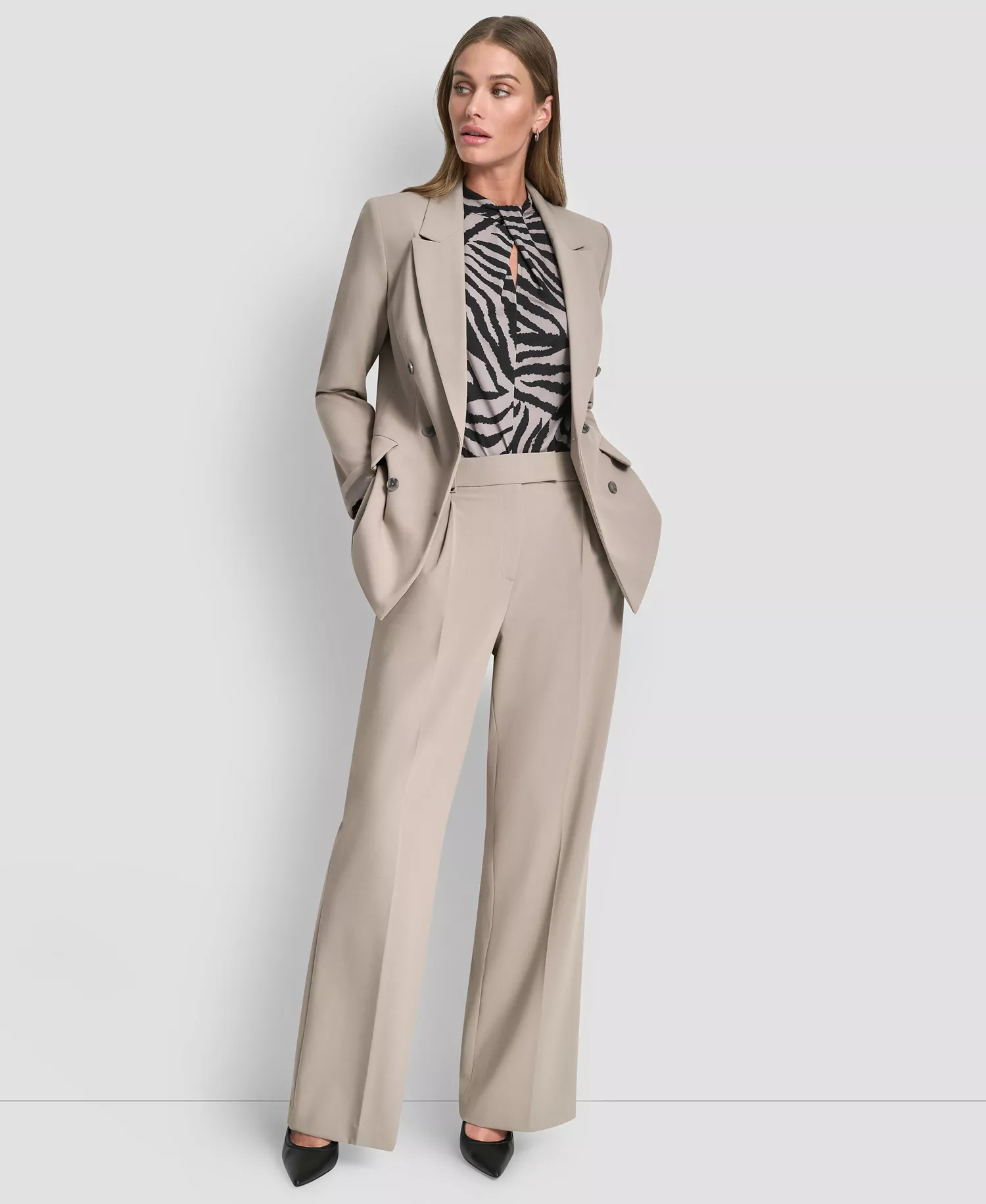 Women's Three-Button Double Breasted Blazer - Tan - 0