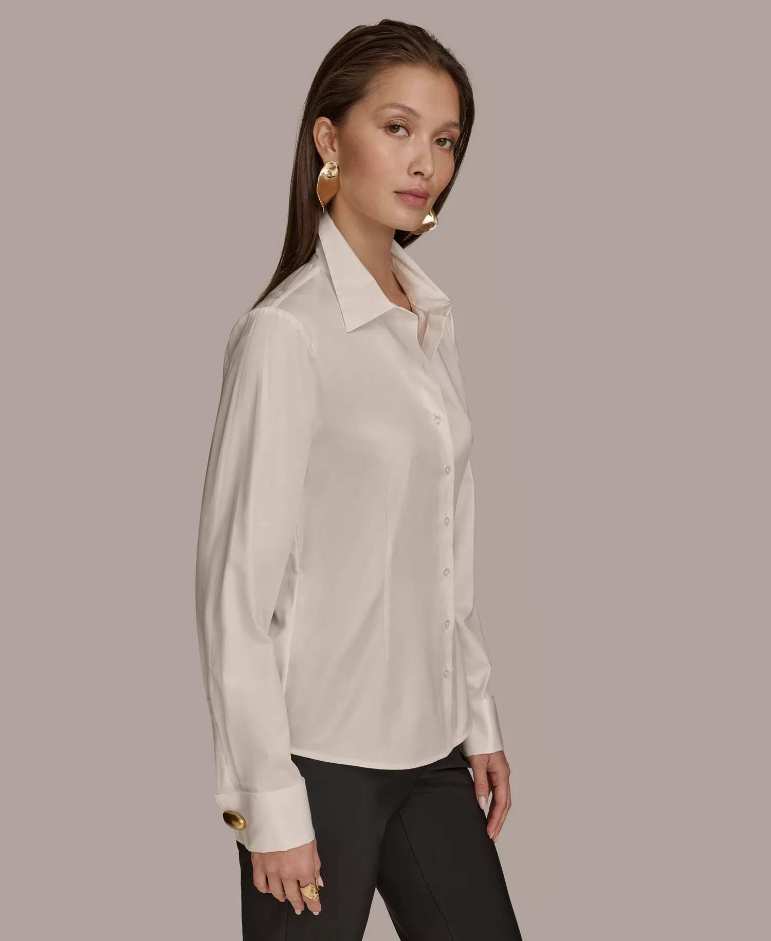 Women's Wrist-Hardware Button-Down Shirt - Cream - L