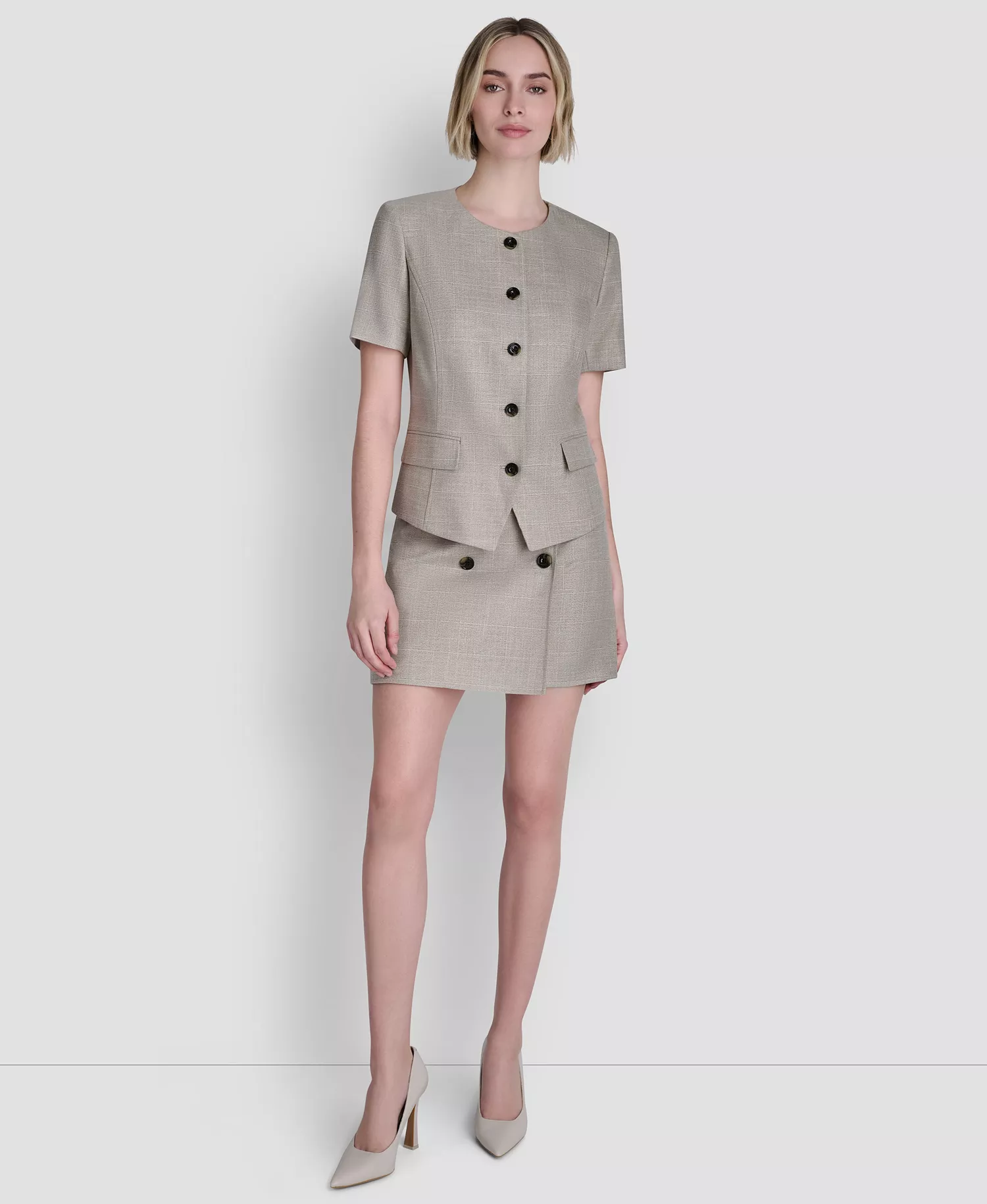 Women's Windowpane Short-Sleeve Crew Neck Structured Top - Pebble / White Combo - 0