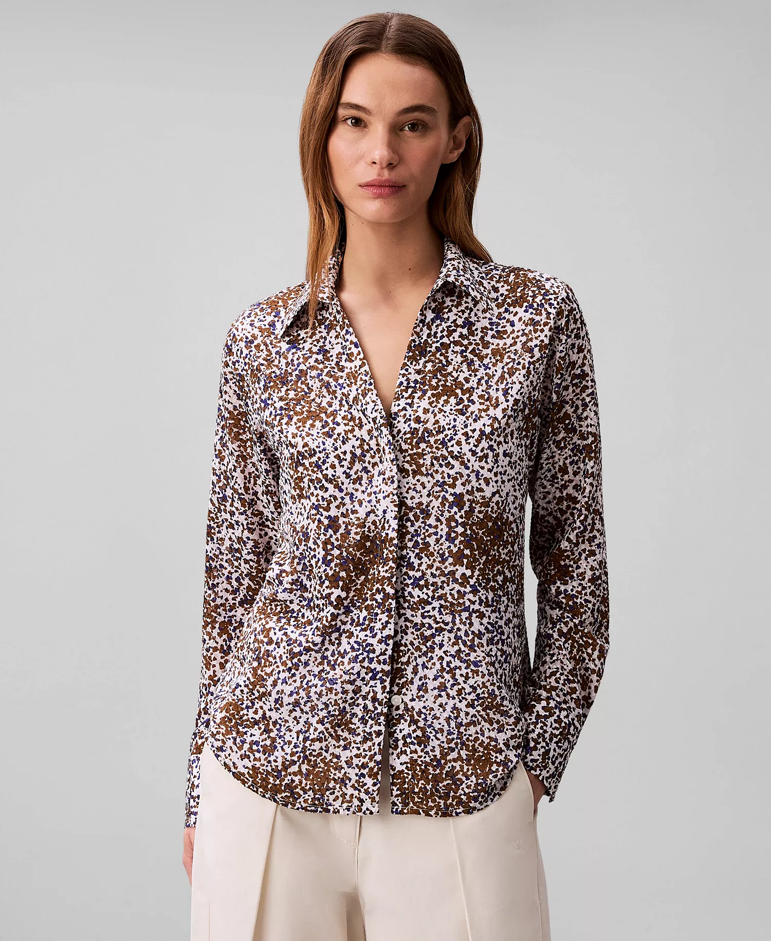 Women's Textured Print Slim Button-Down Shirt - Sepia Flecked Animal Print - L