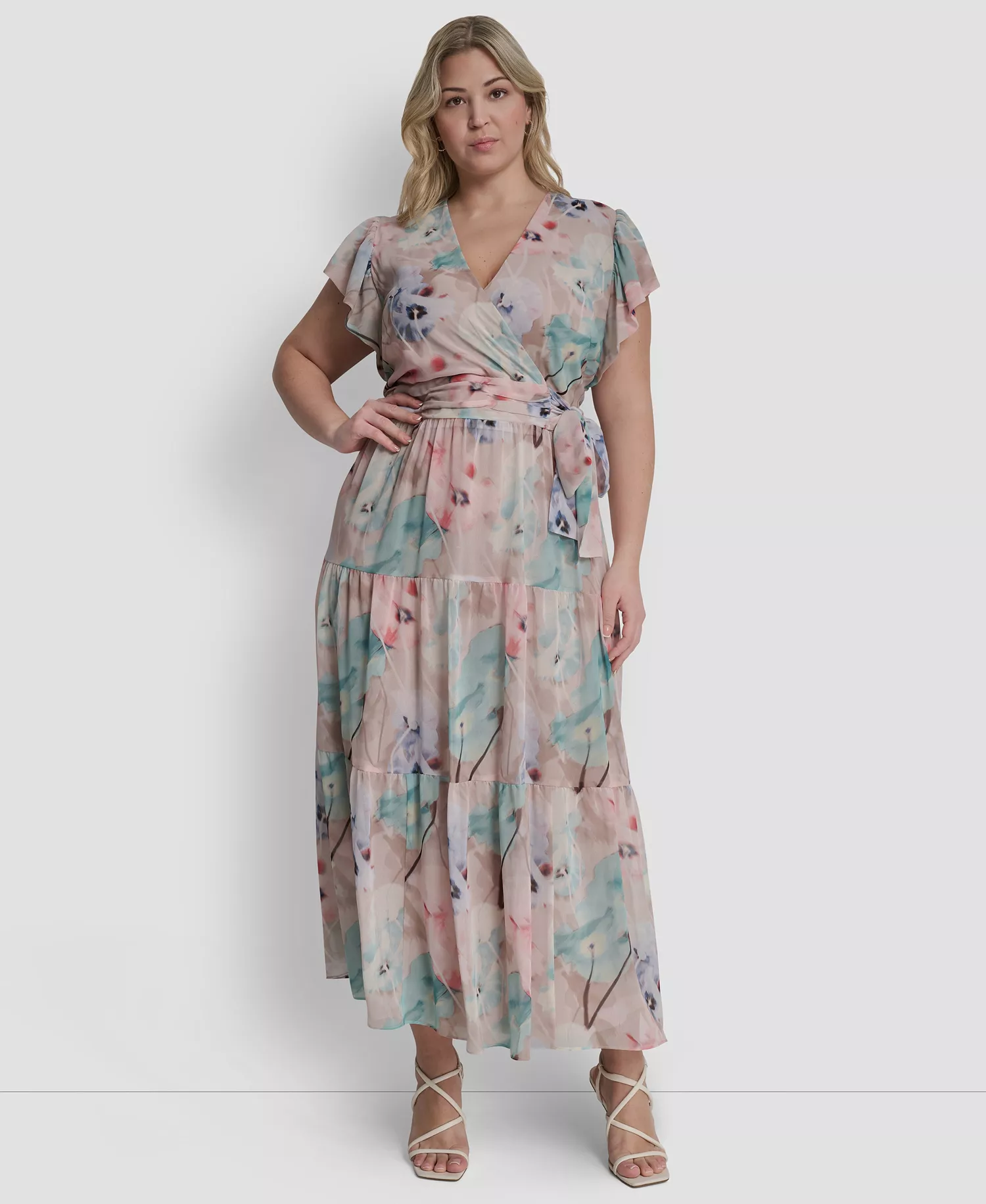 Plus Size Ruffle Short-Sleeve V-Neck Tie Waist Maxi Dress - Moonlight Multi - 14W