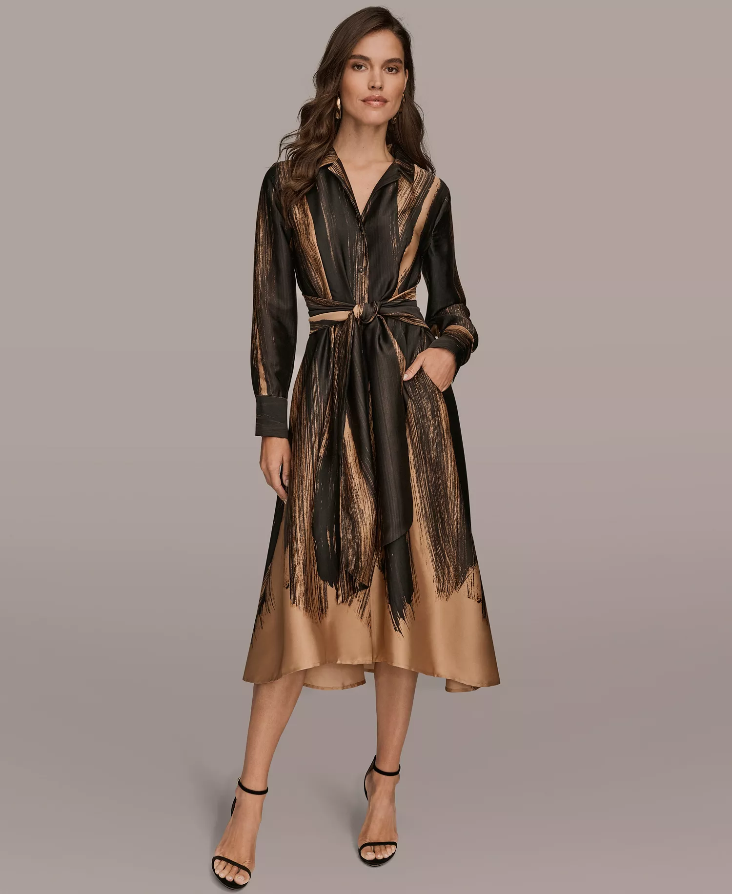 Women's Printed Long Sleeve Twist Waist Dress - Black/Fawn - XS