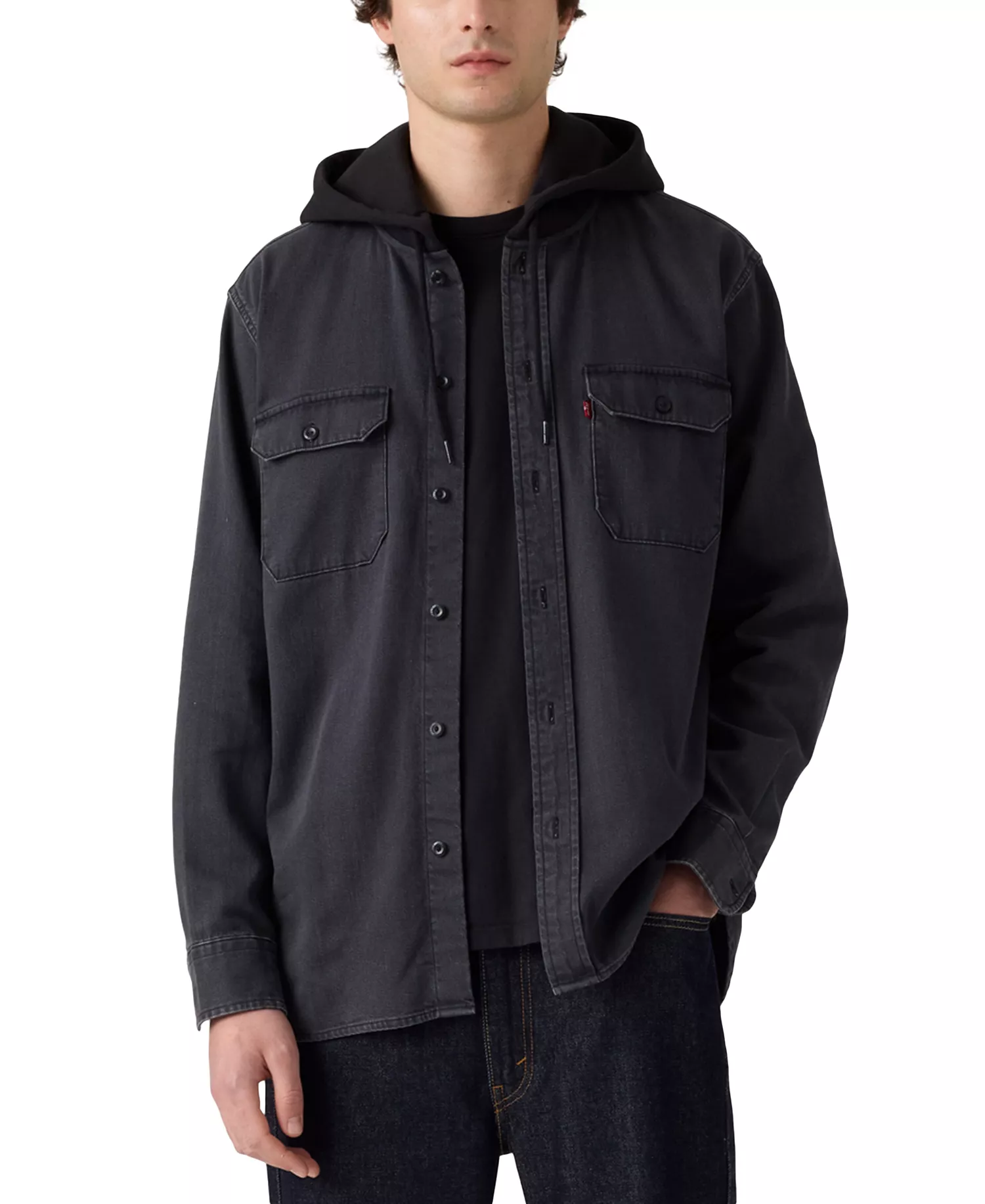 Men's Relaxed Fit Hooded Long Sleeve Button-Front Overshirt - Abner Washed Black - 2XL