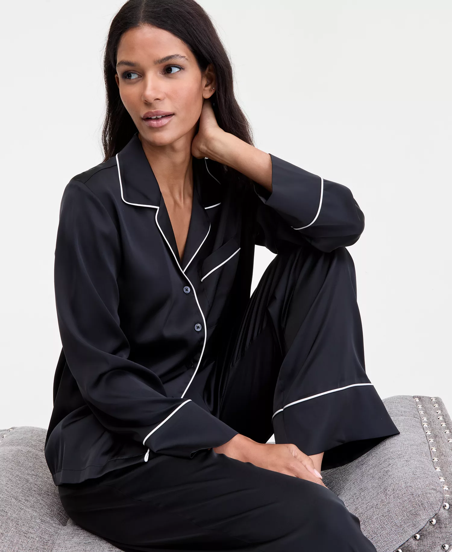 Women's Printed Satin Long Pajama Set, Macy's Exclusive - Deep Black - 2X
