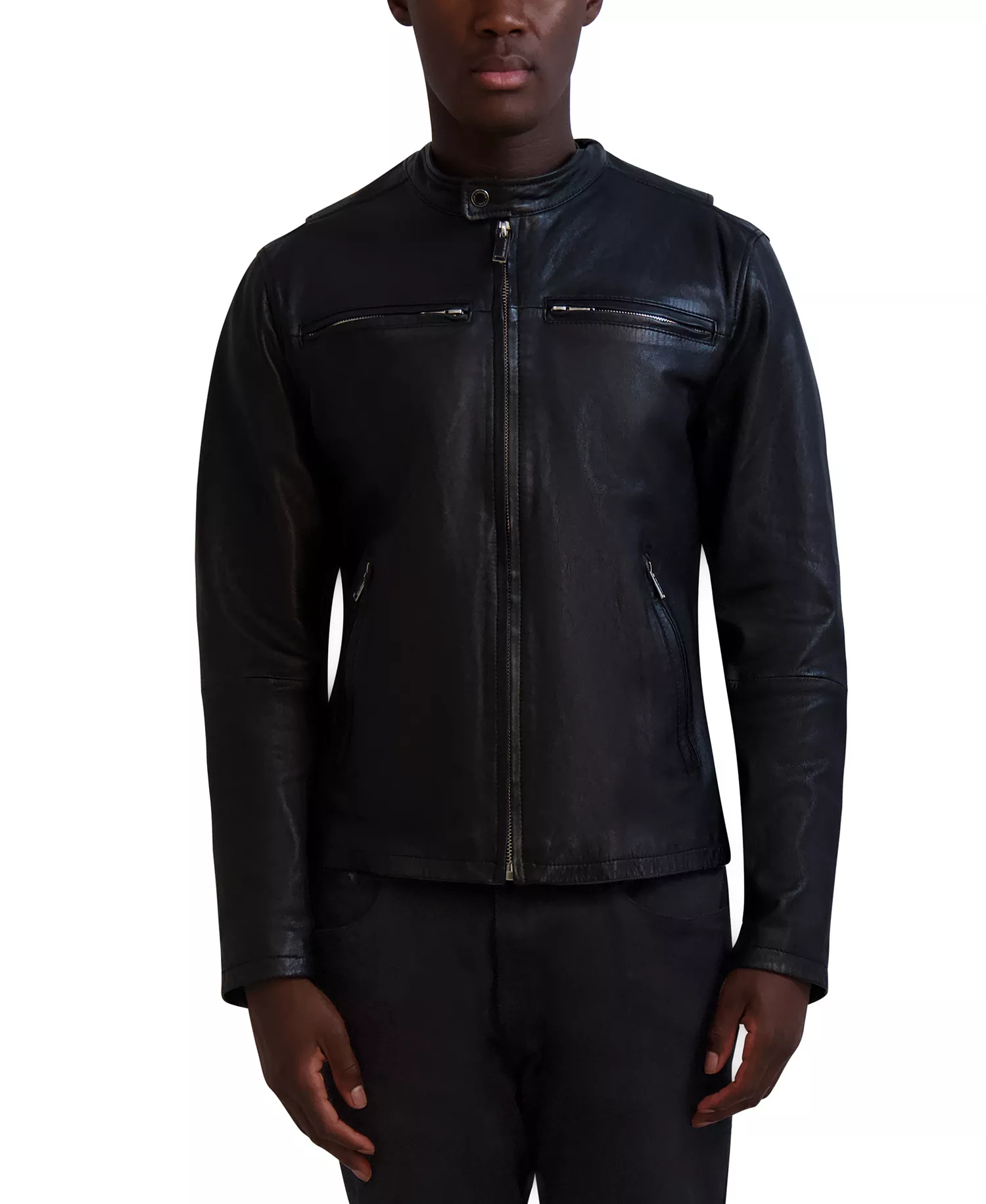 Paris Men's Band-Collar Distressed Leather Jacket - Black - 2XL