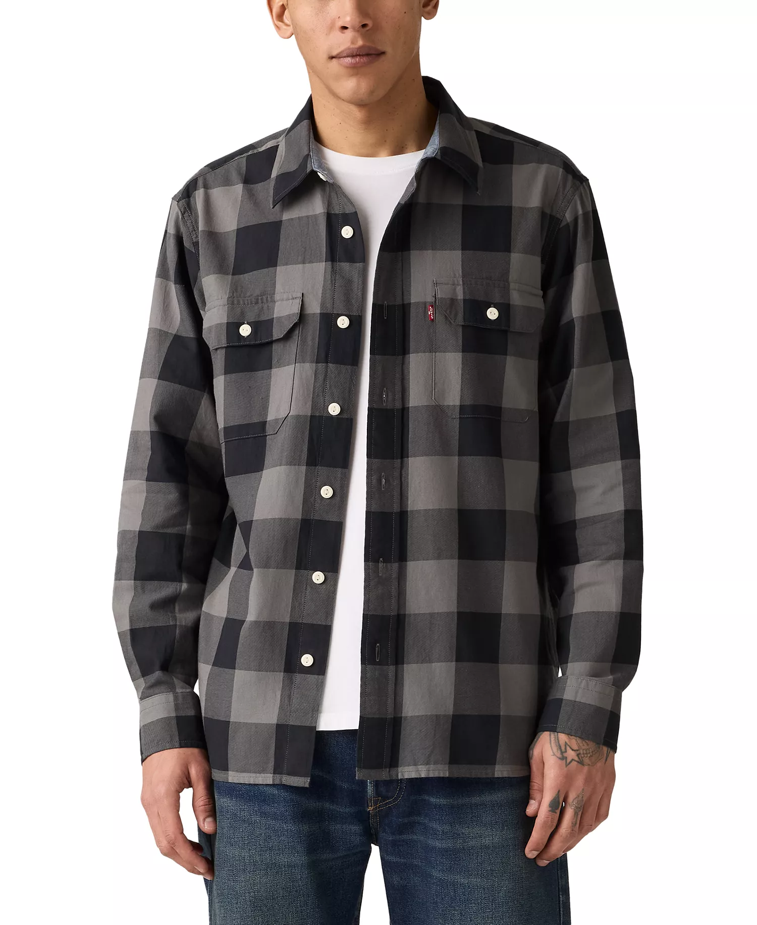 Men's Relaxed-Fit Long-Sleeve Button-Front Worker Shirt - Albany plaid pearl - 2XL