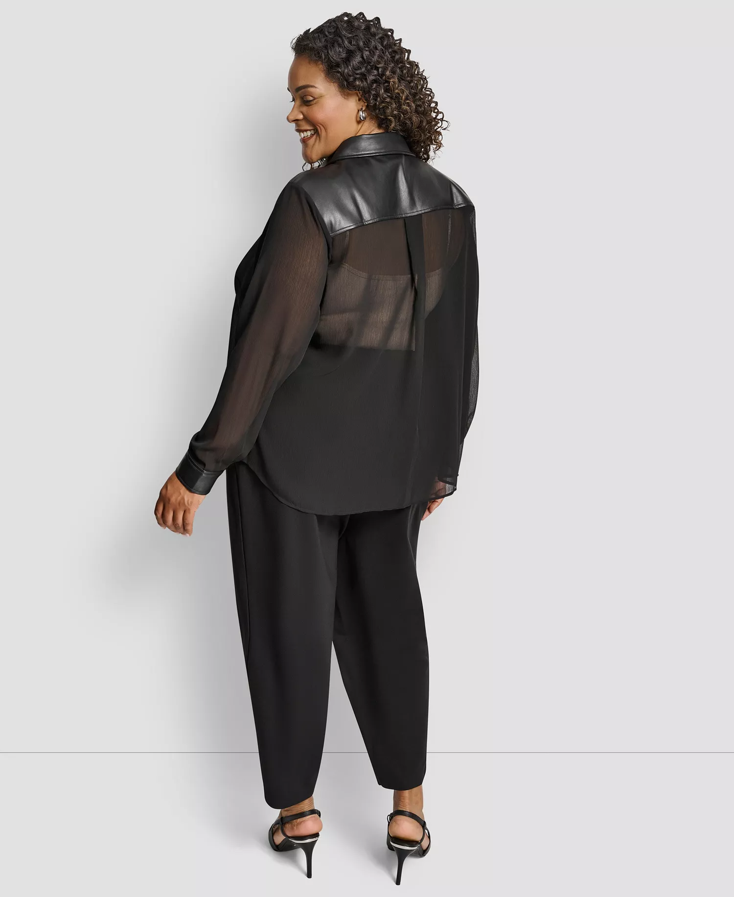 Plus Size Collared Neck Long Sleeve Top - Black - 1X