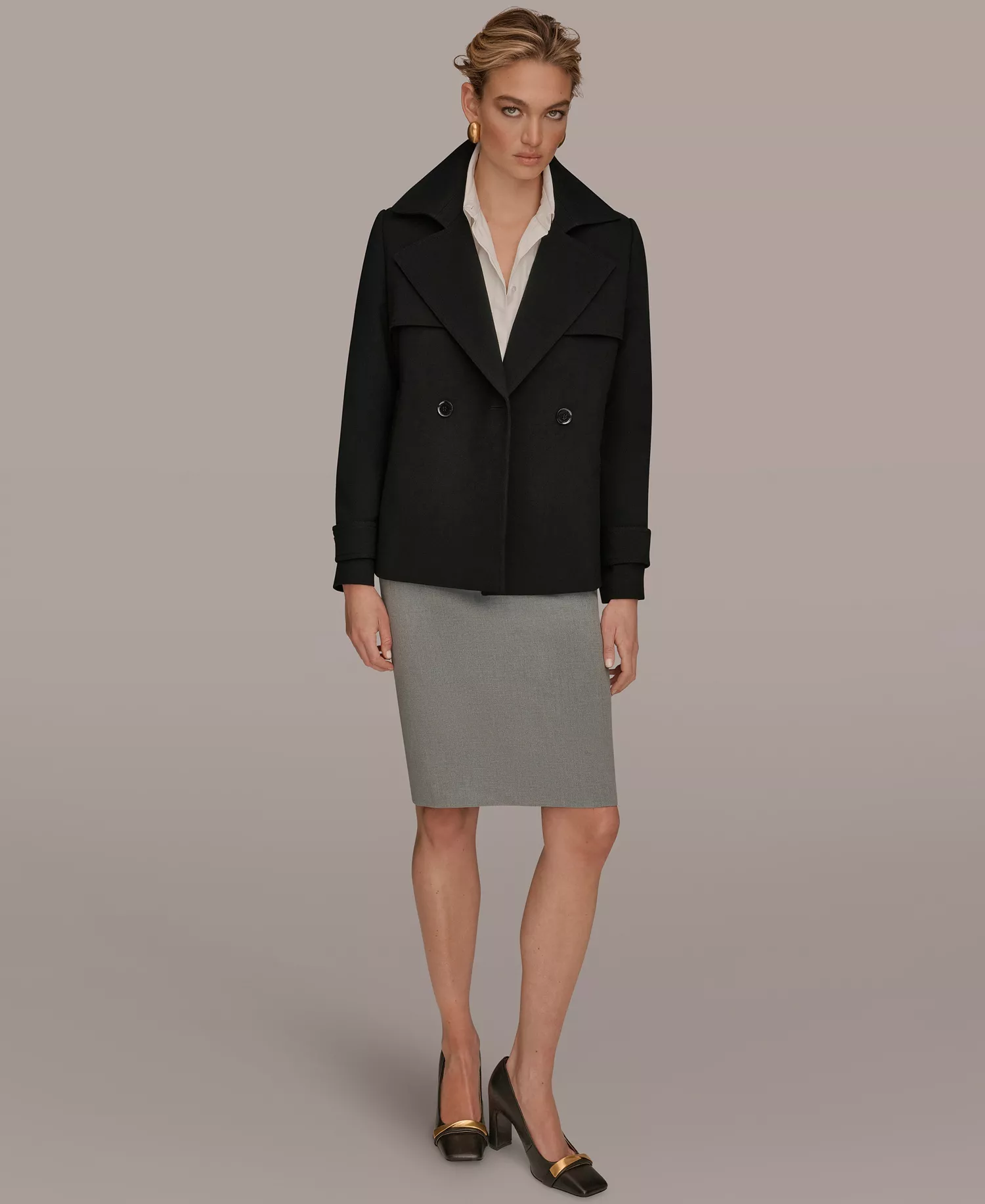 Women's Short Crepe Notch Collar Trench Coat - Black - L