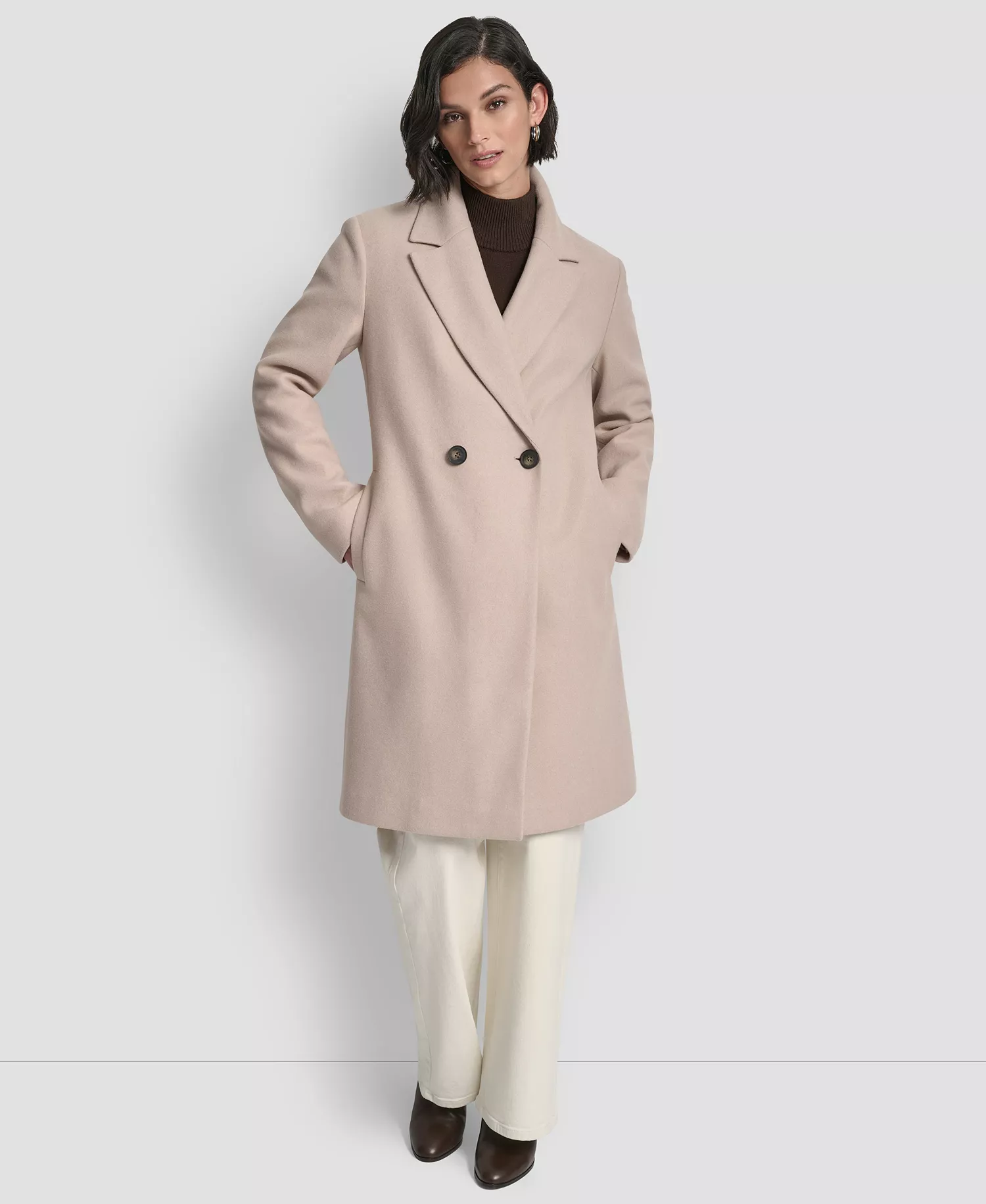 Women's Double-Breasted Notch Collar Coat - Beige Melange - L